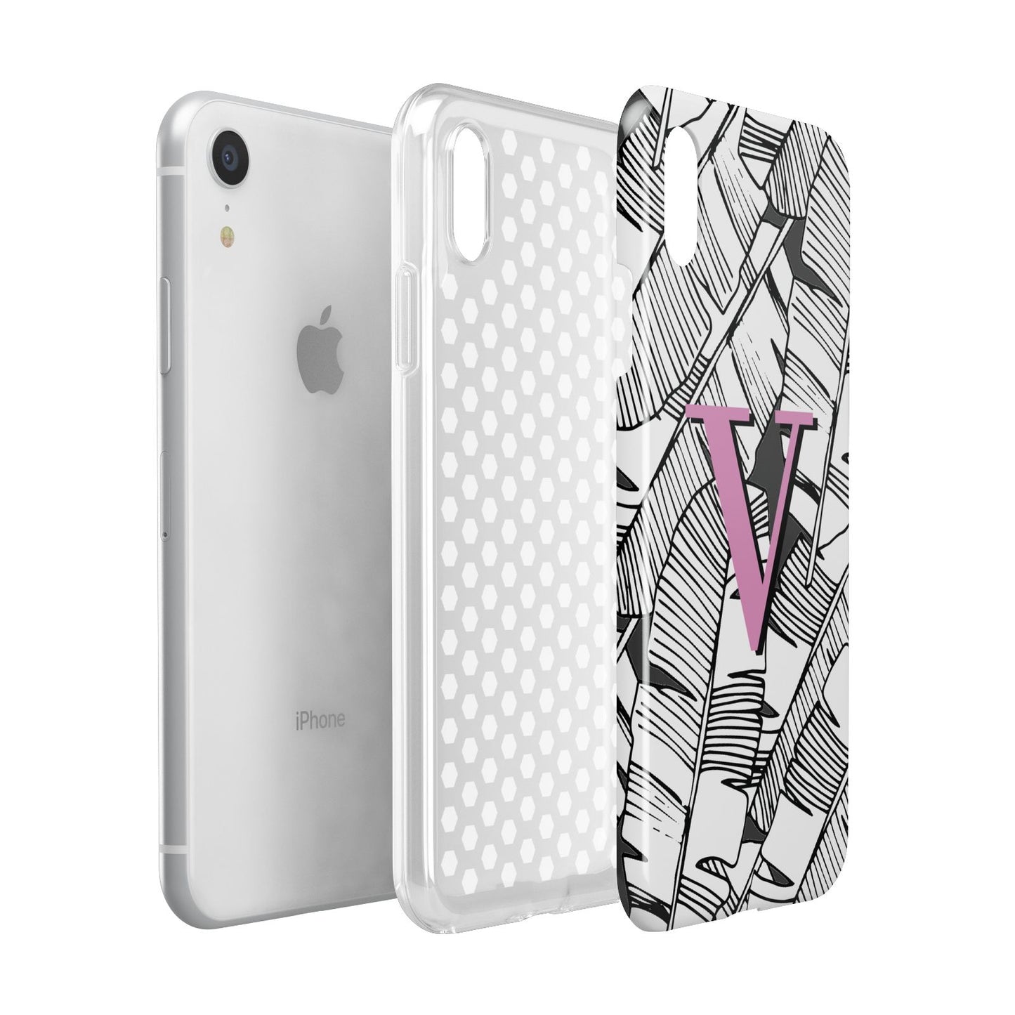 Personalised Monochrome Monstera Pink Initial Apple iPhone XR White 3D Tough Case Expanded view