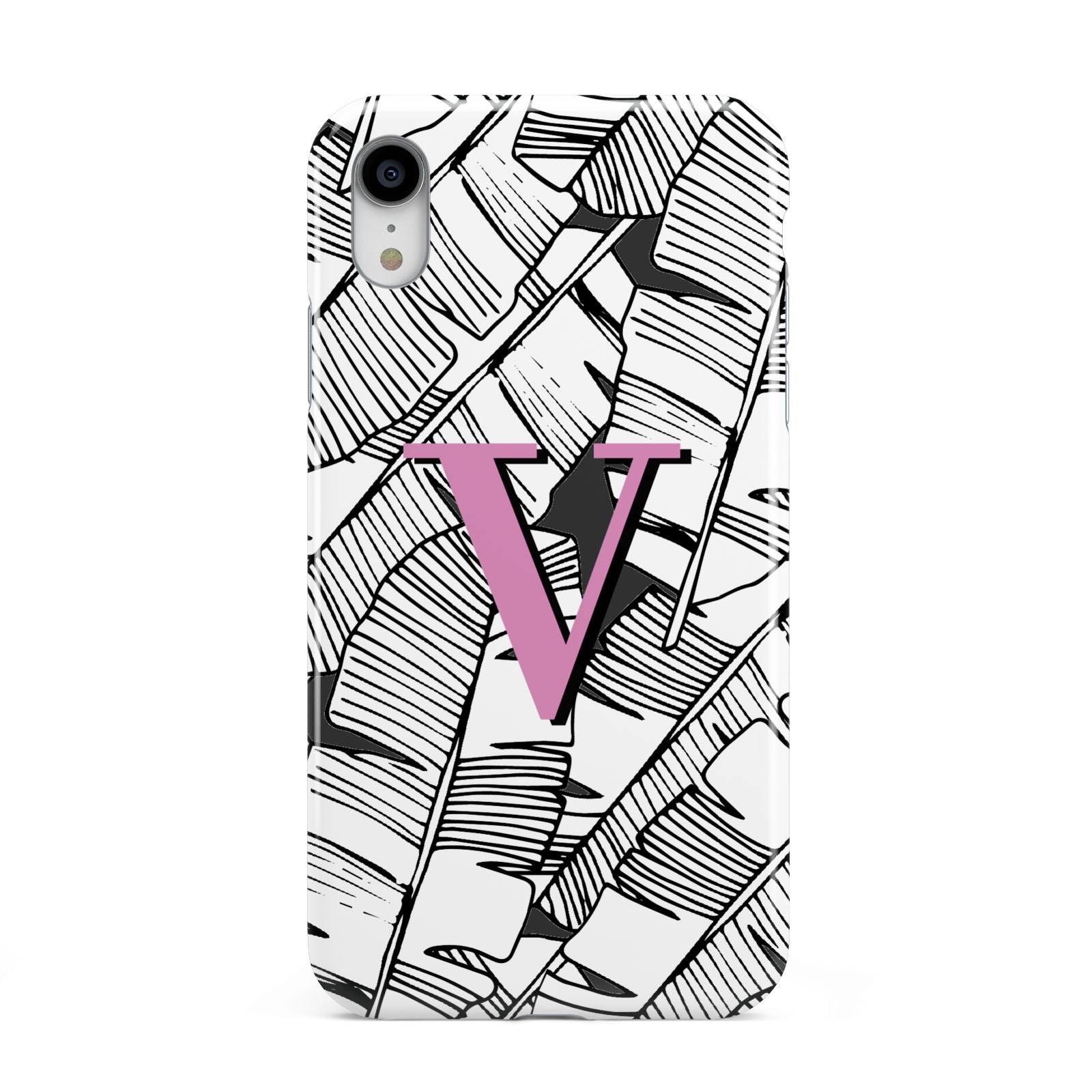 Personalised Monochrome Monstera Pink Initial Apple iPhone XR White 3D Tough Case