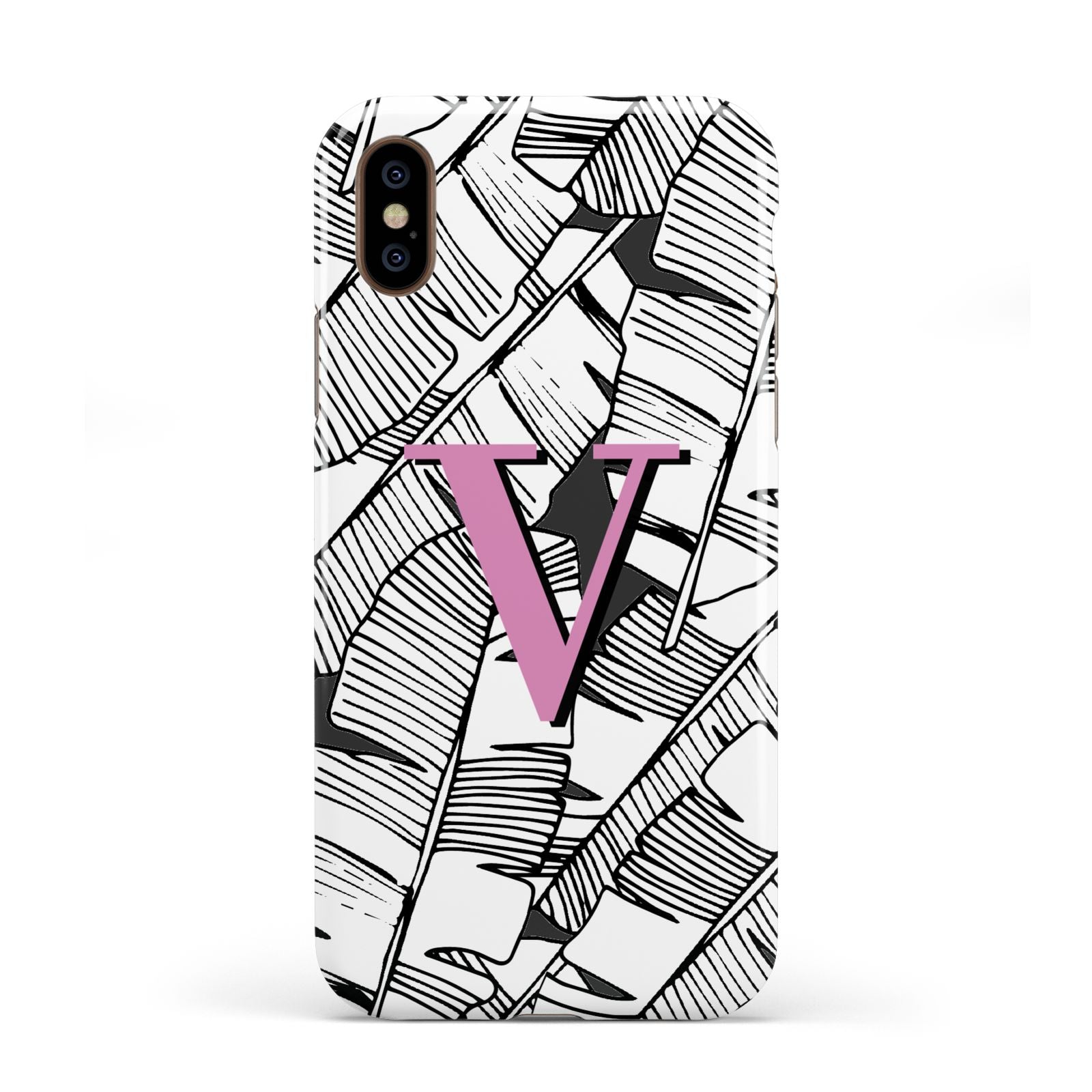 Personalised Monochrome Monstera Pink Initial Apple iPhone XS 3D Tough