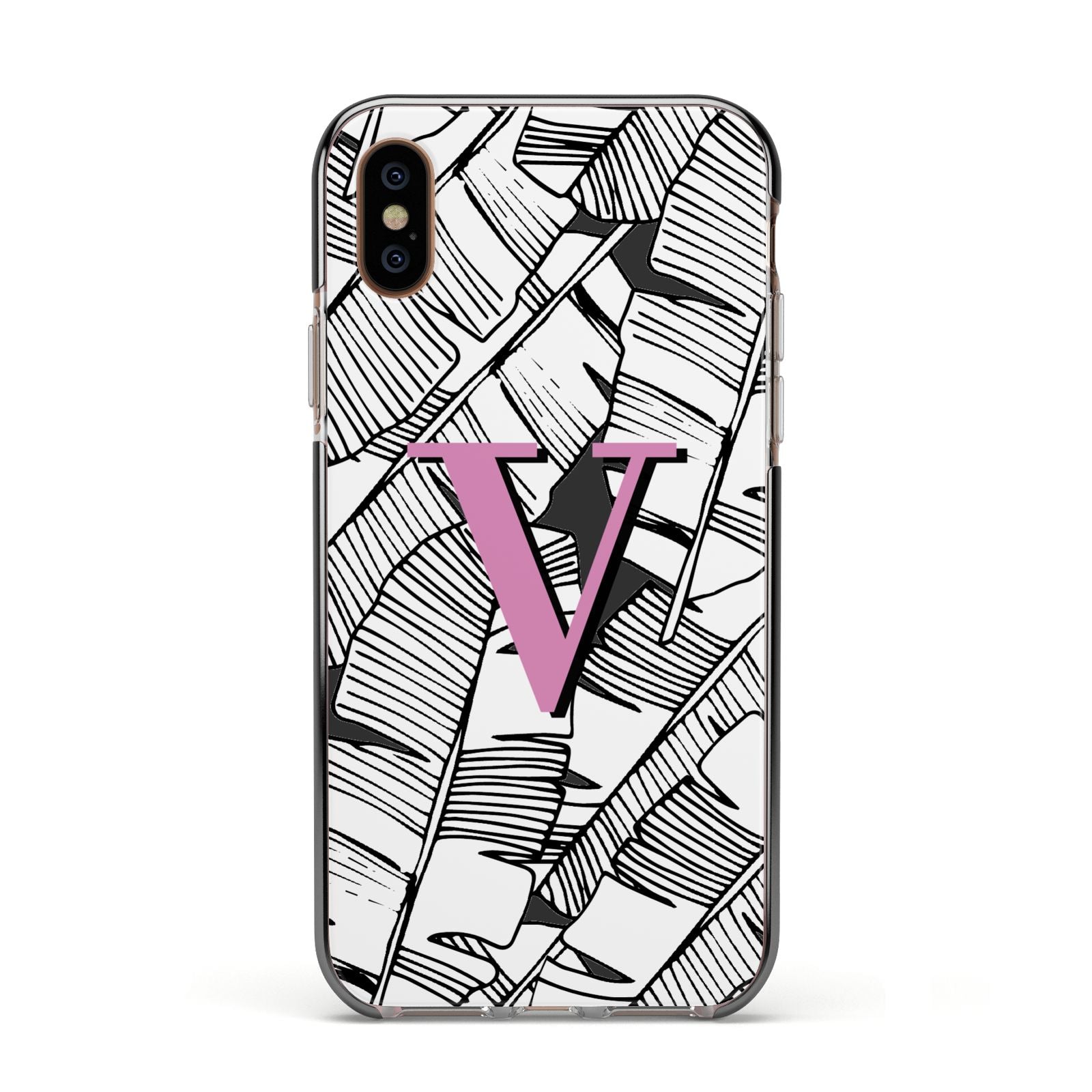 Personalised Monochrome Monstera Pink Initial Apple iPhone Xs Impact Case Black Edge on Gold Phone