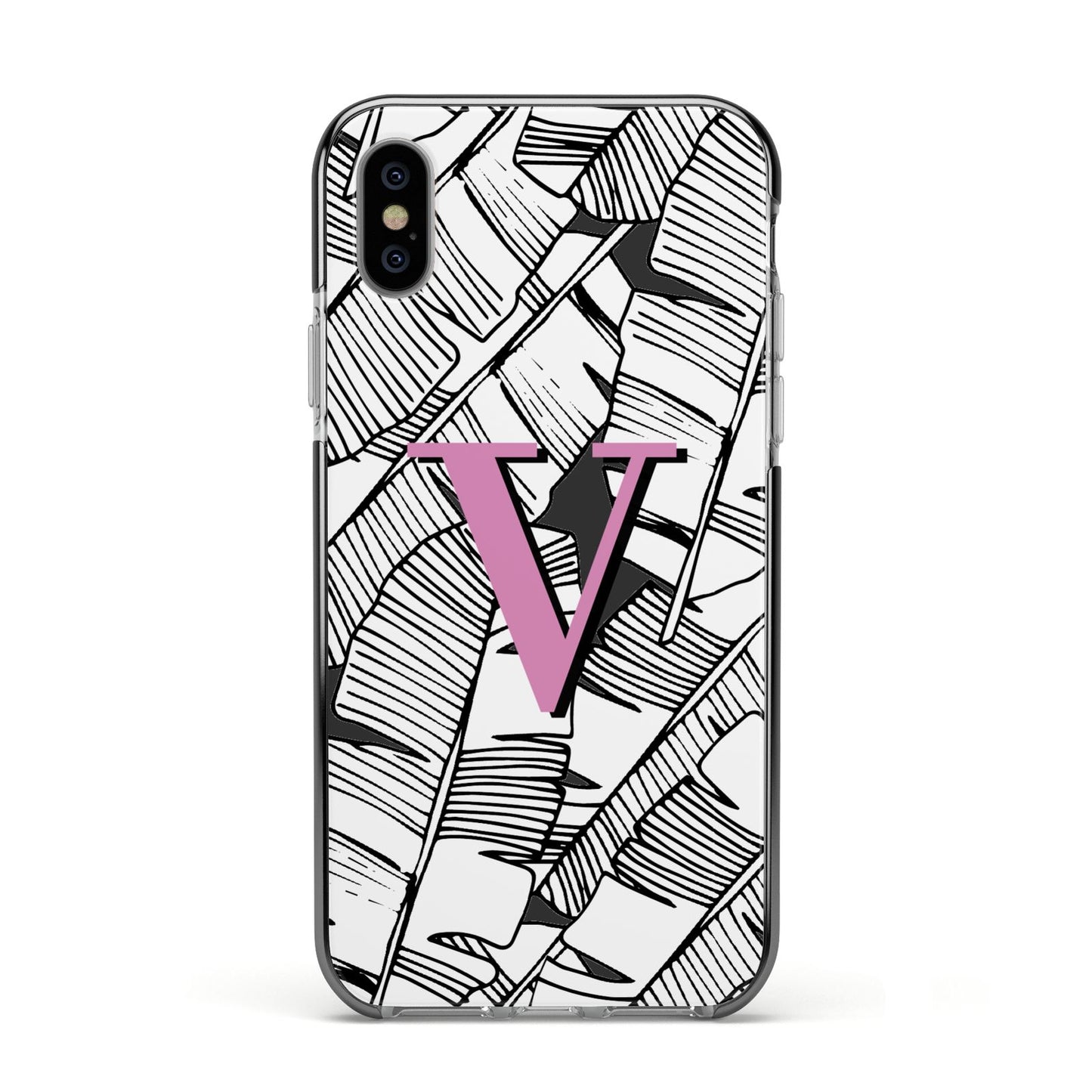 Personalised Monochrome Monstera Pink Initial Apple iPhone Xs Impact Case Black Edge on Silver Phone