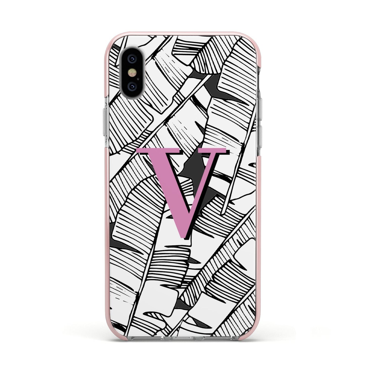 Personalised Monochrome Monstera Pink Initial Apple iPhone Xs Impact Case Pink Edge on Silver Phone