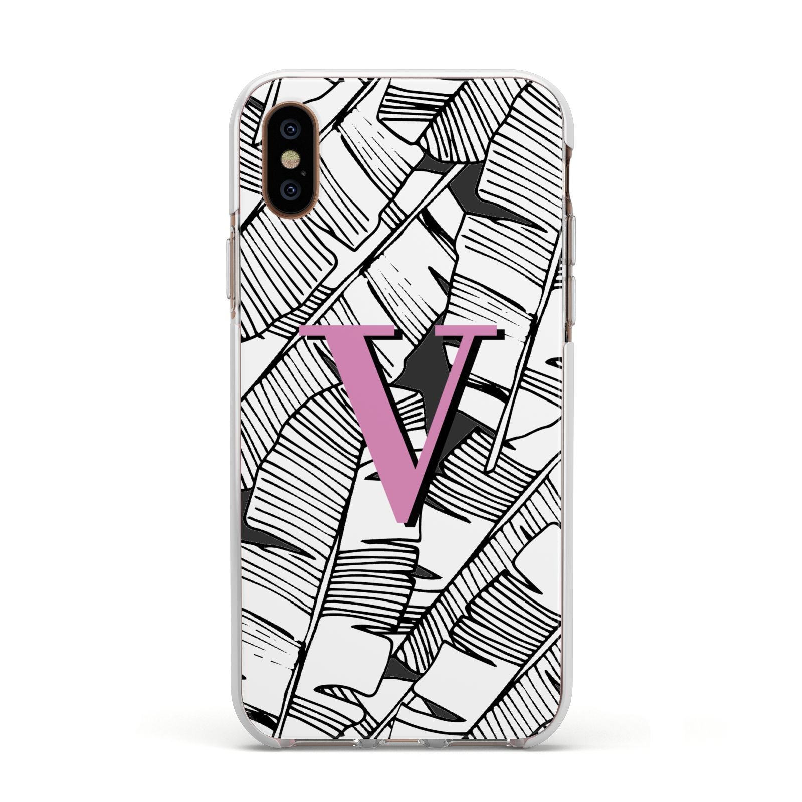 Personalised Monochrome Monstera Pink Initial Apple iPhone Xs Impact Case White Edge on Gold Phone