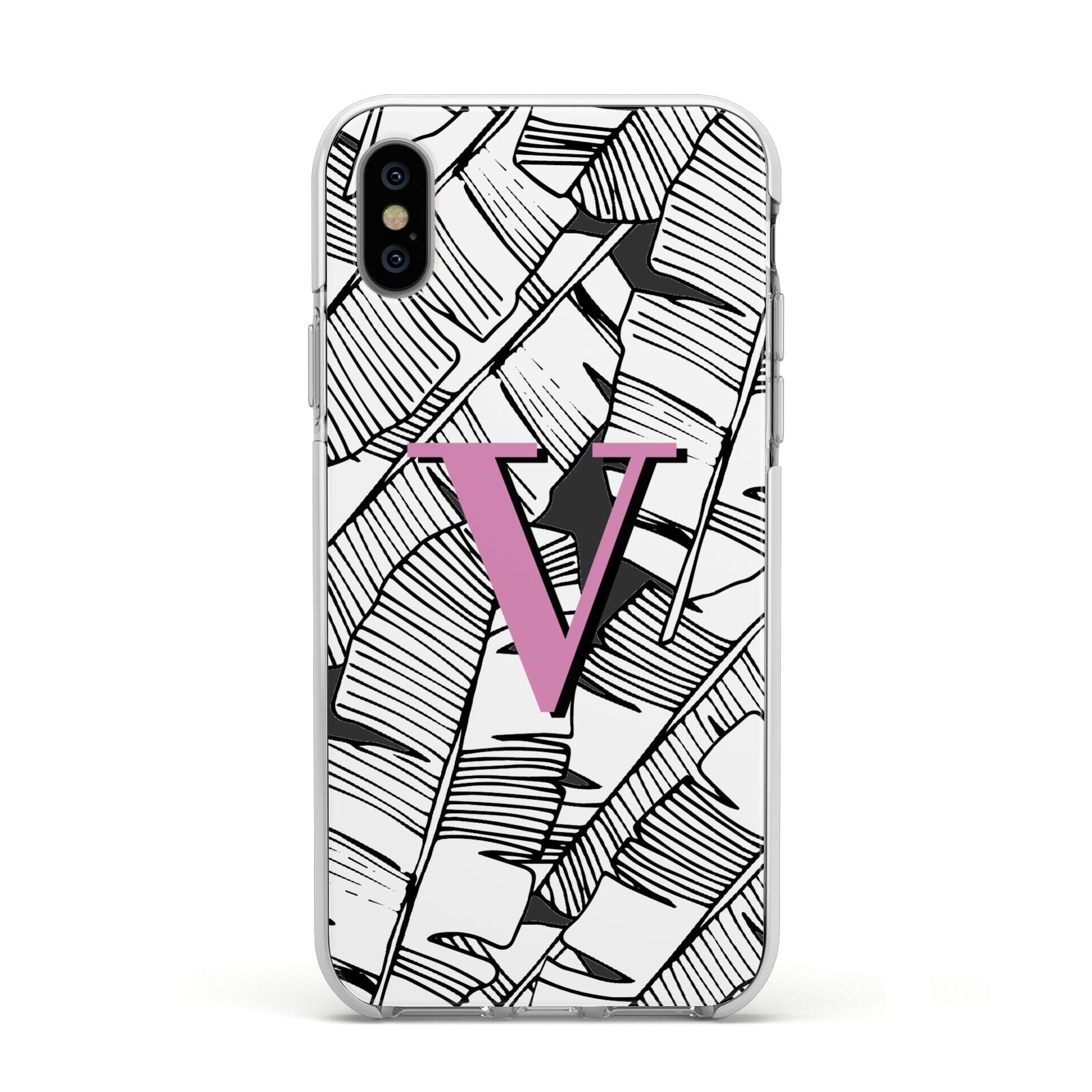 Personalised Monochrome Monstera Pink Initial Apple iPhone Xs Impact Case White Edge on Silver Phone