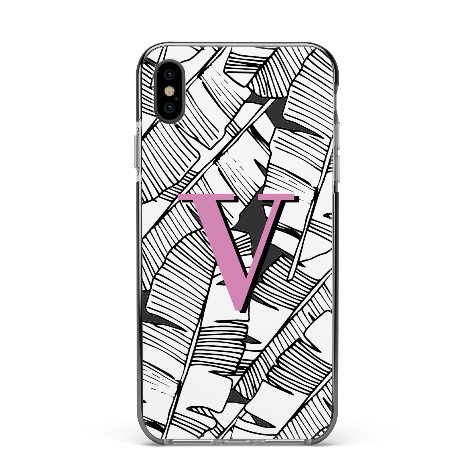 Personalised Monochrome Monstera Pink Initial Apple iPhone Xs Max Impact Case Black Edge on Black Phone