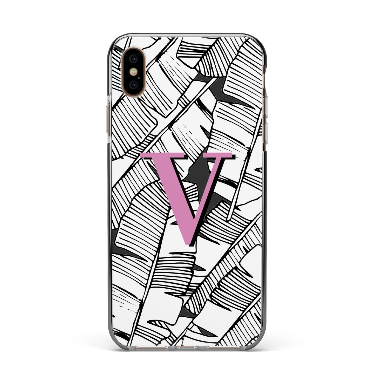 Personalised Monochrome Monstera Pink Initial Apple iPhone Xs Max Impact Case Black Edge on Gold Phone