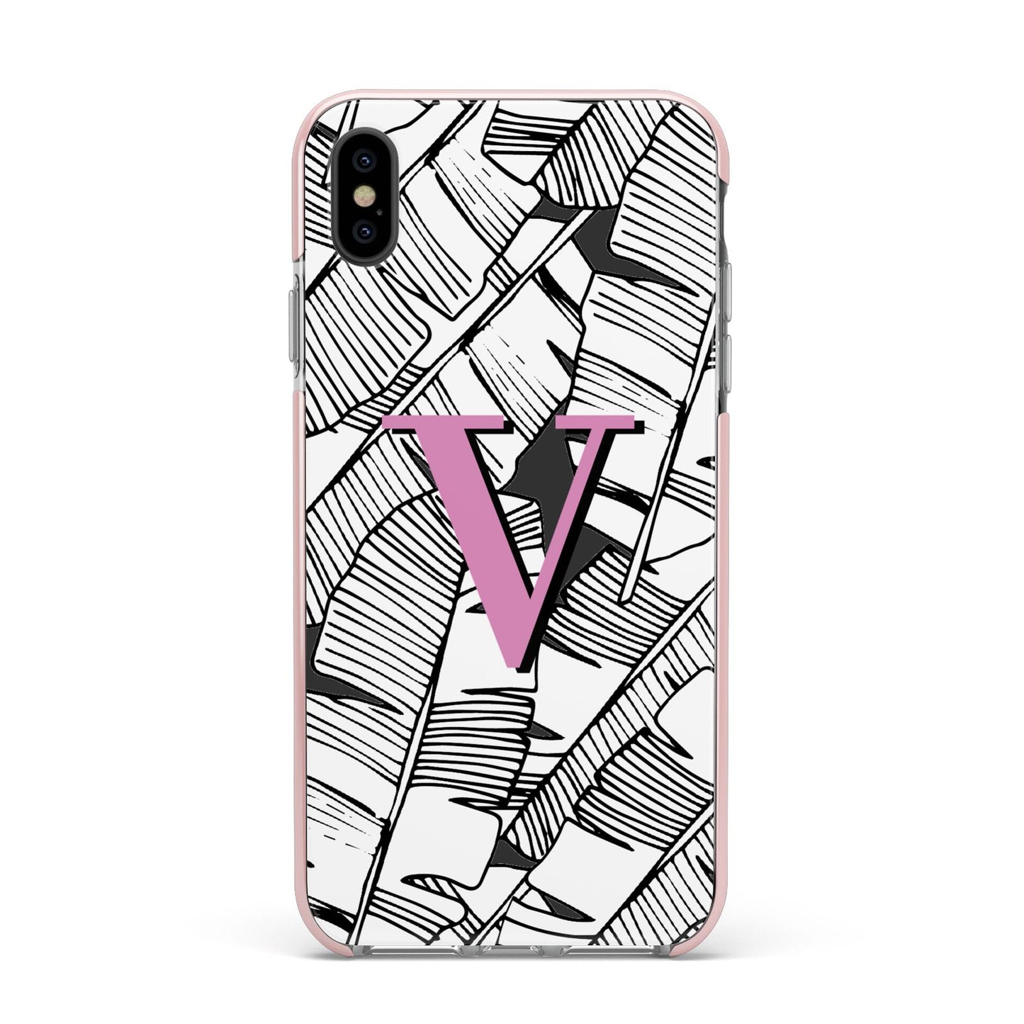 Personalised Monochrome Monstera Pink Initial Apple iPhone Xs Max Impact Case Pink Edge on Black Phone