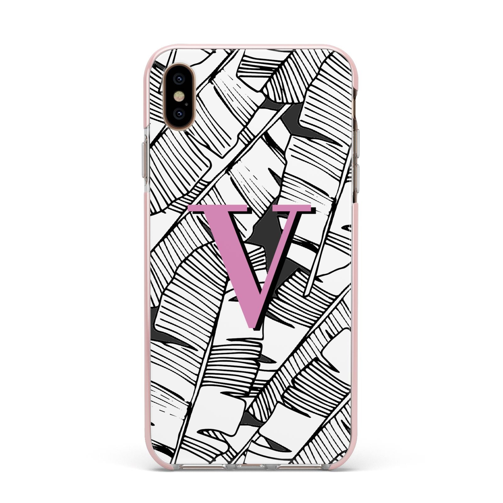 Personalised Monochrome Monstera Pink Initial Apple iPhone Xs Max Impact Case Pink Edge on Gold Phone