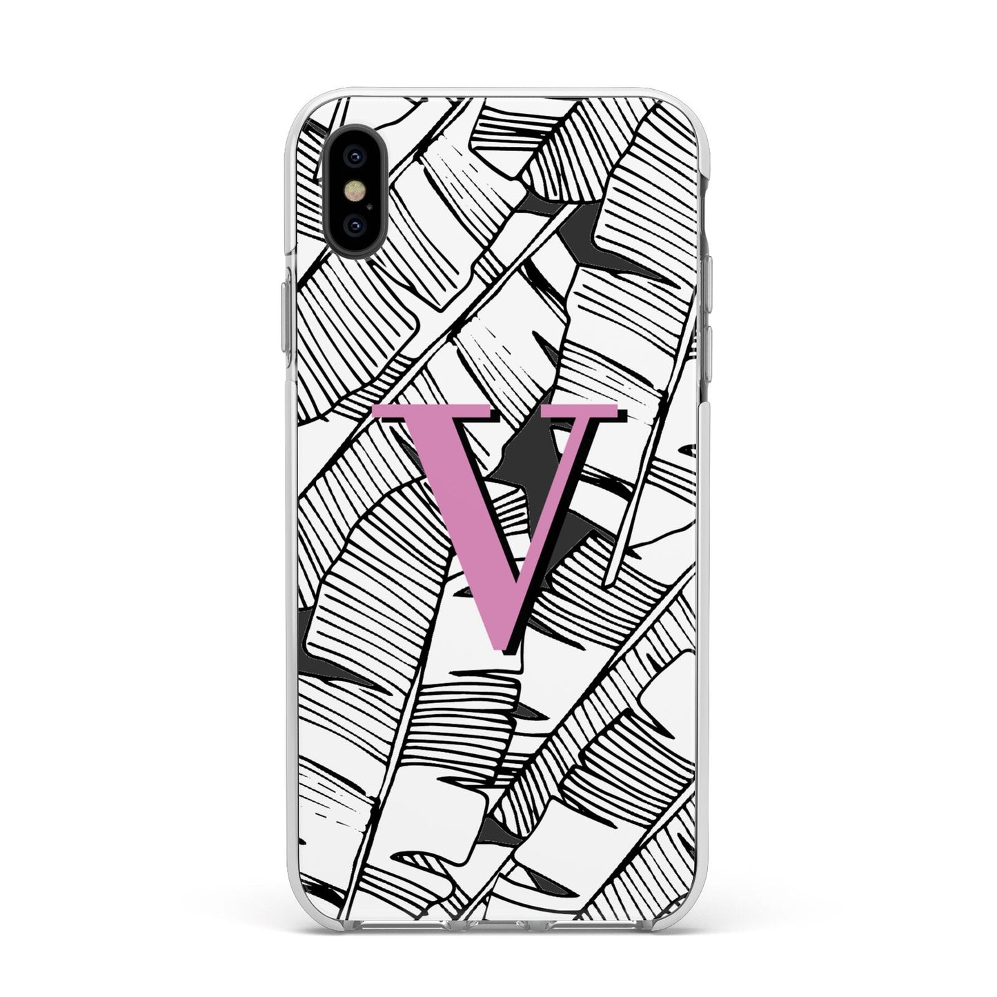 Personalised Monochrome Monstera Pink Initial Apple iPhone Xs Max Impact Case White Edge on Black Phone