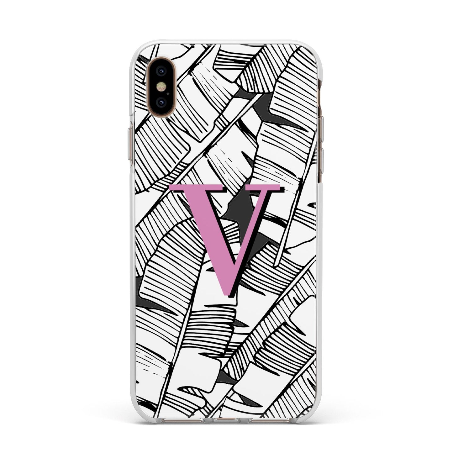 Personalised Monochrome Monstera Pink Initial Apple iPhone Xs Max Impact Case White Edge on Gold Phone