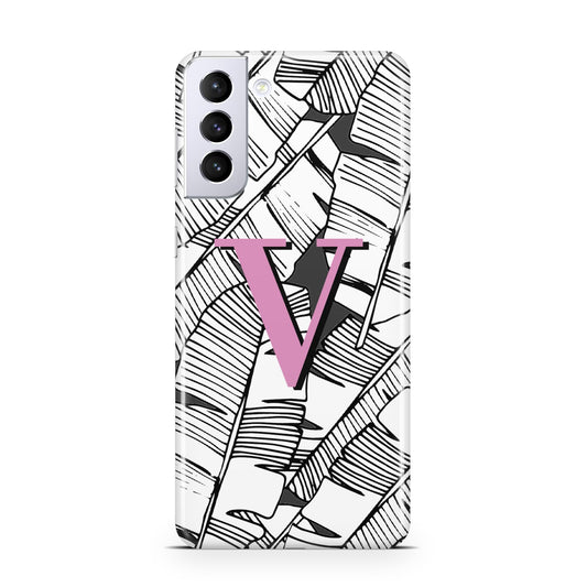 Personalised Monochrome Monstera Pink Initial Samsung S21 Plus Phone Case