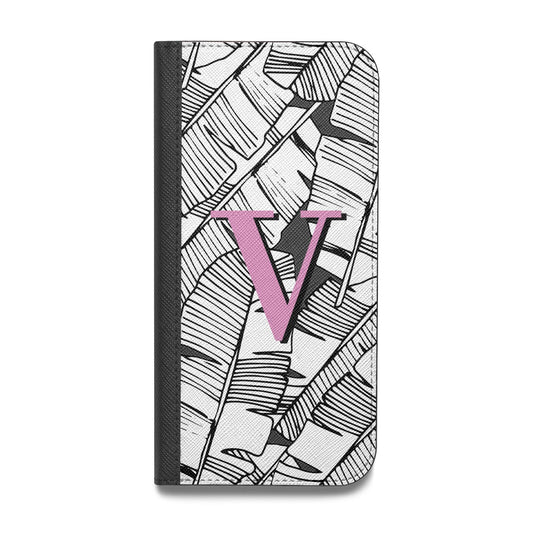 Personalised Monochrome Monstera Pink Initial Vegan Leather Flip iPhone Case