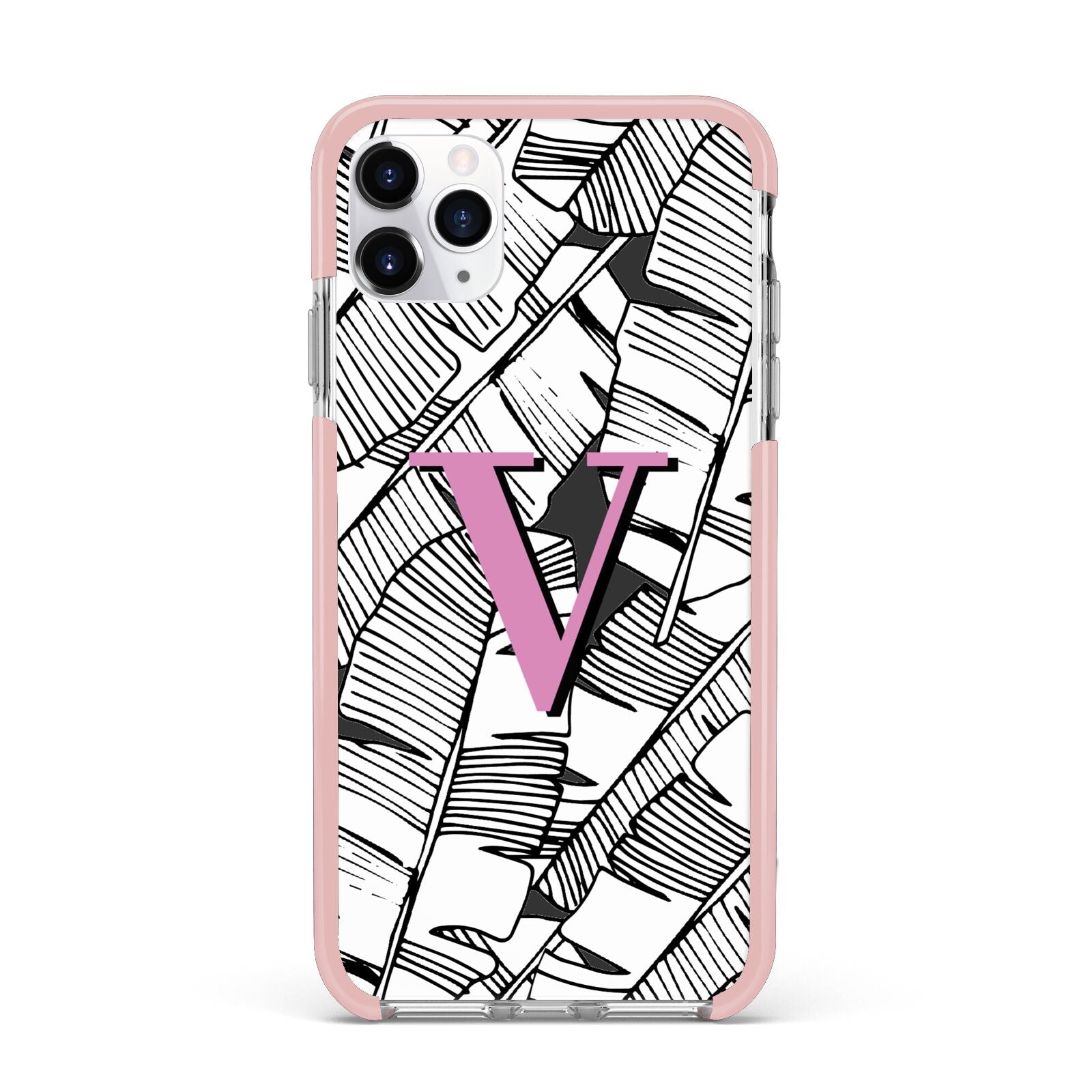 Personalised Monochrome Monstera Pink Initial iPhone 11 Pro Max Impact Pink Edge Case