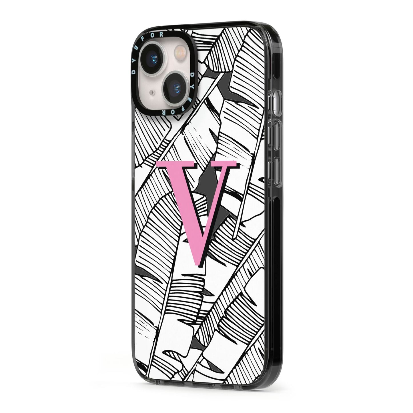 Personalised Monochrome Monstera Pink Initial iPhone 13 Black Impact Case Side Angle on Silver phone