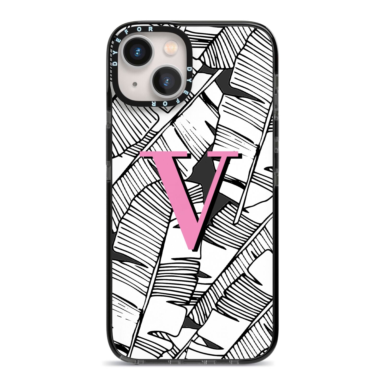 Personalised Monochrome Monstera Pink Initial iPhone 13 Black Impact Case on Silver phone