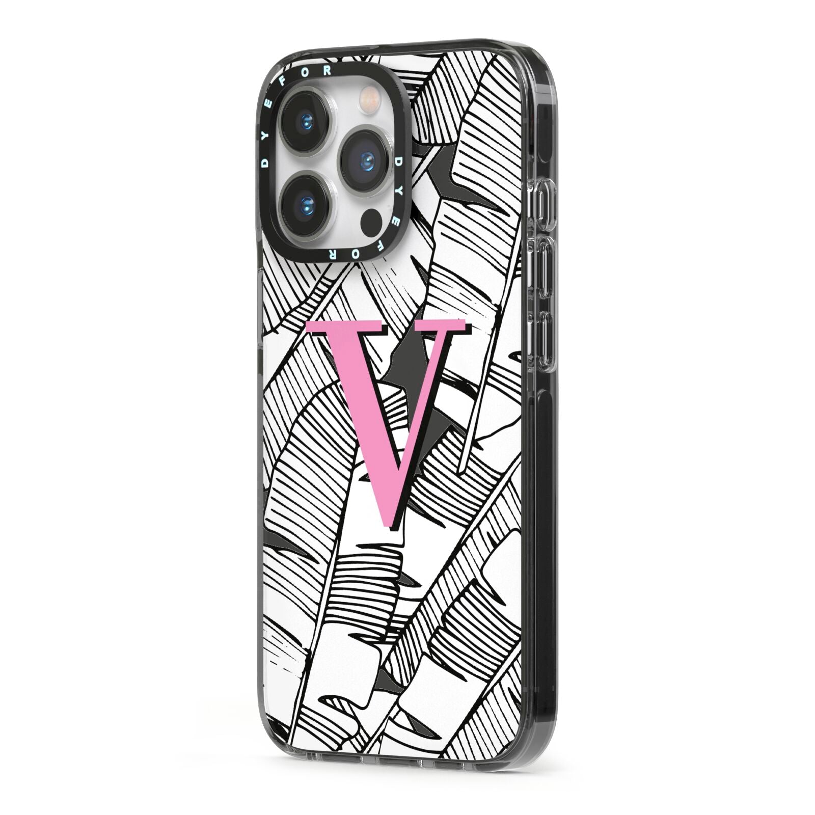 Personalised Monochrome Monstera Pink Initial iPhone 13 Pro Black Impact Case Side Angle on Silver phone