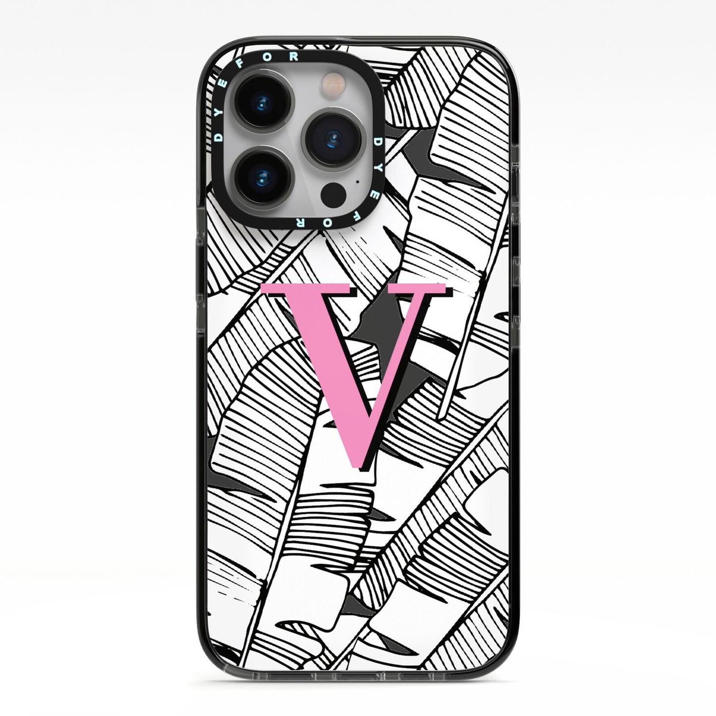 Personalised Monochrome Monstera Pink Initial iPhone 13 Pro Black Impact Case on Silver phone