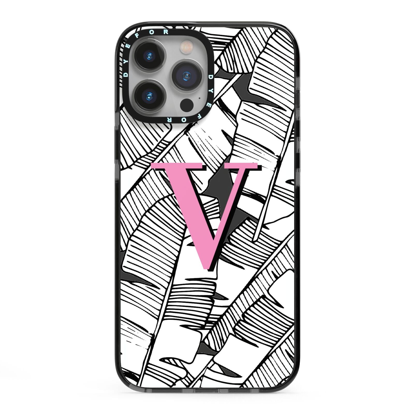 Personalised Monochrome Monstera Pink Initial iPhone 13 Pro Max Black Impact Case on Silver phone