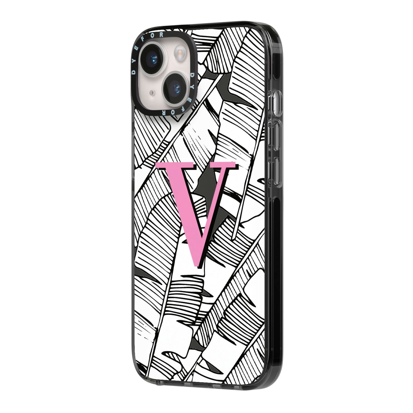 Personalised Monochrome Monstera Pink Initial iPhone 14 Black Impact Case Side Angle on Silver phone