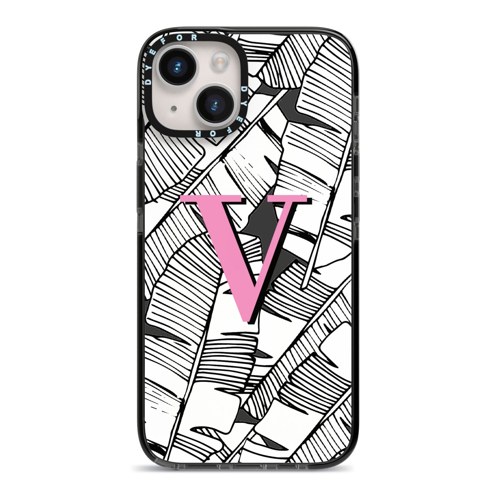 Personalised Monochrome Monstera Pink Initial iPhone 14 Black Impact Case on Silver phone