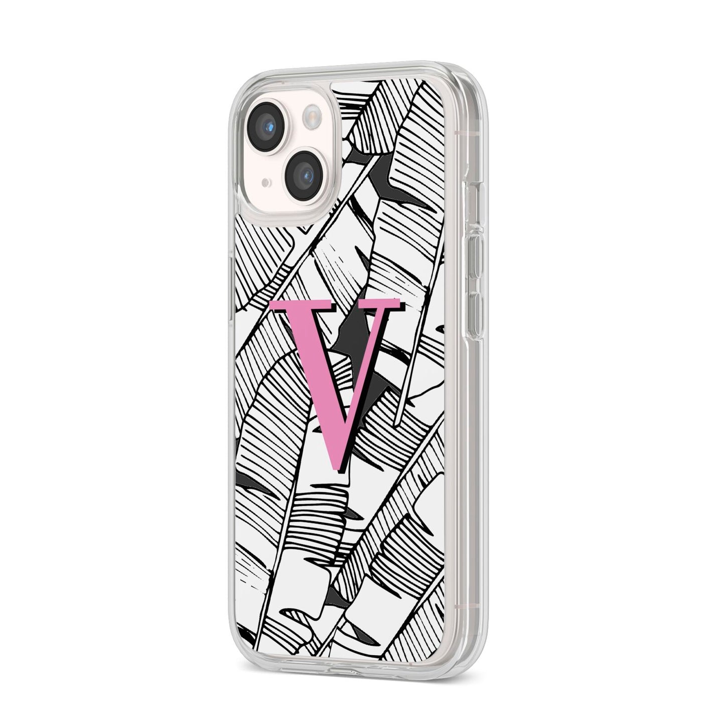 Personalised Monochrome Monstera Pink Initial iPhone 14 Clear Tough Case Starlight Angled Image