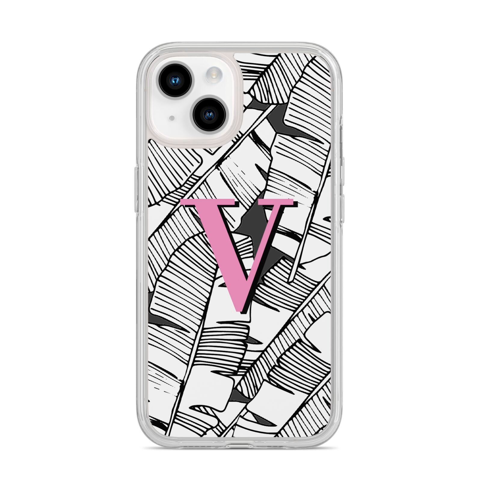 Personalised Monochrome Monstera Pink Initial iPhone 14 Clear Tough Case Starlight