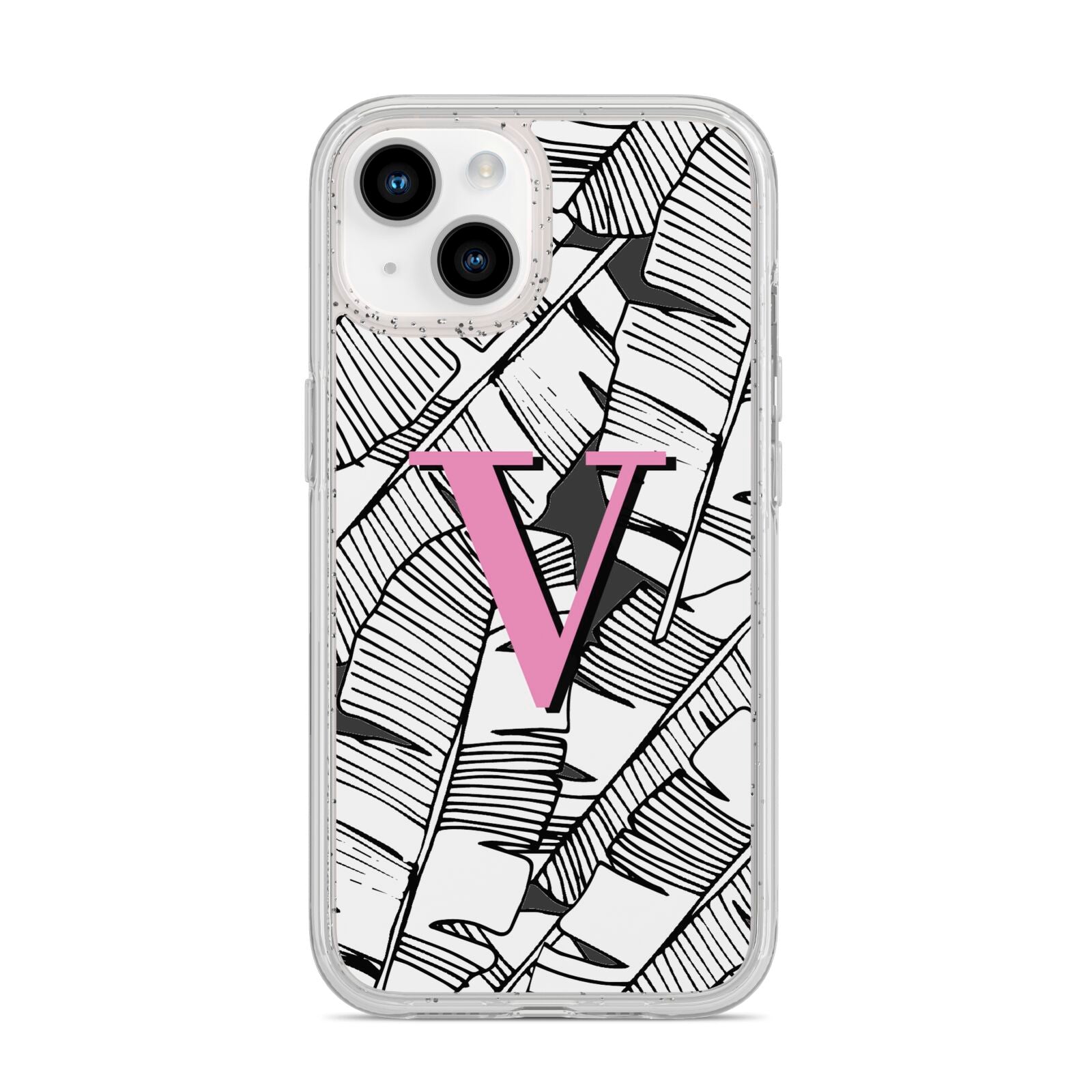 Personalised Monochrome Monstera Pink Initial iPhone 14 Glitter Tough Case Starlight