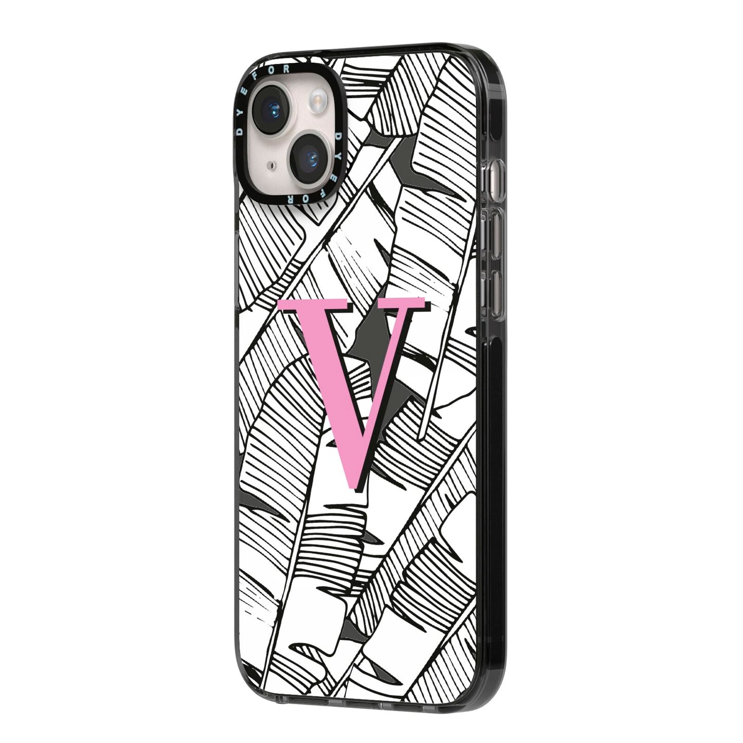 Personalised Monochrome Monstera Pink Initial iPhone 14 Plus Black Impact Case Side Angle on Silver phone