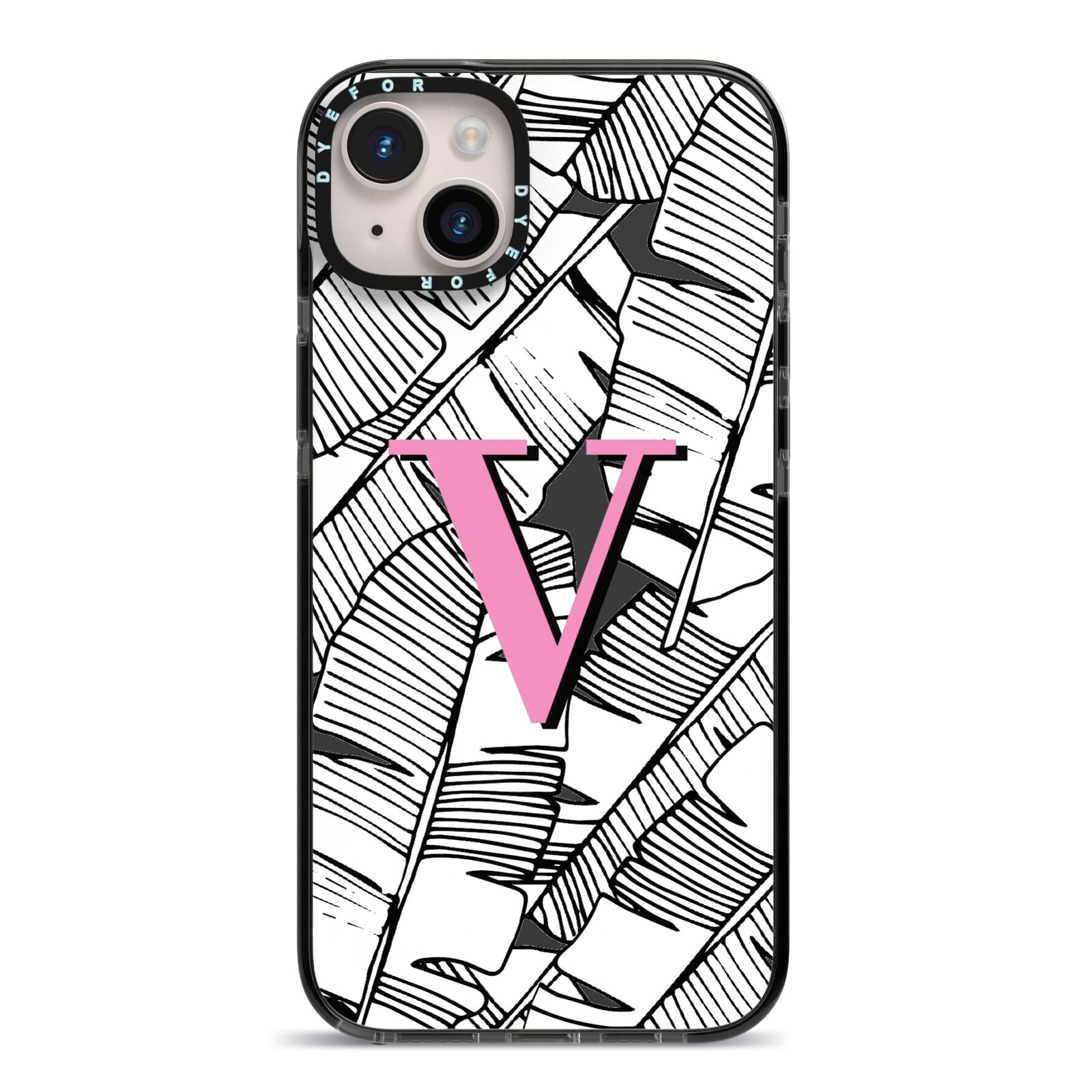 Personalised Monochrome Monstera Pink Initial iPhone 14 Plus Black Impact Case on Silver phone