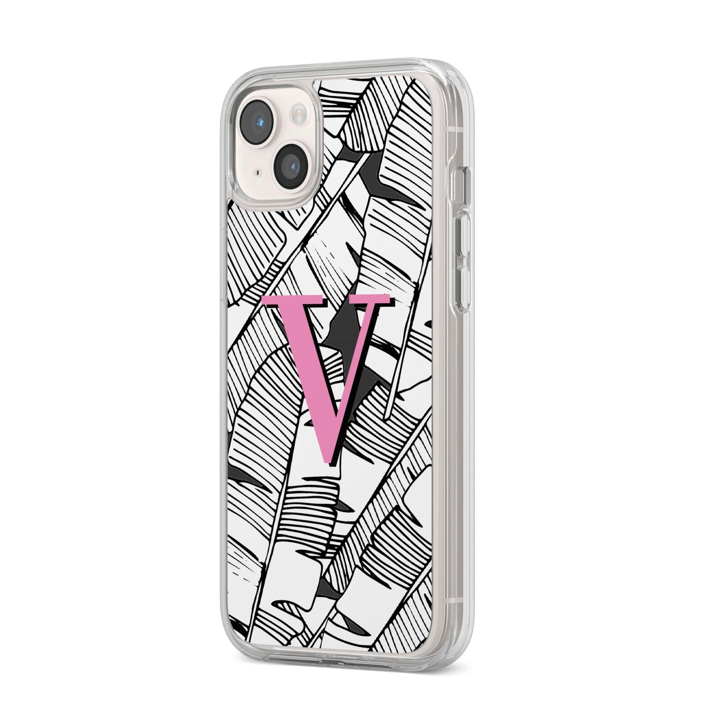 Personalised Monochrome Monstera Pink Initial iPhone 14 Plus Clear Tough Case Starlight Angled Image