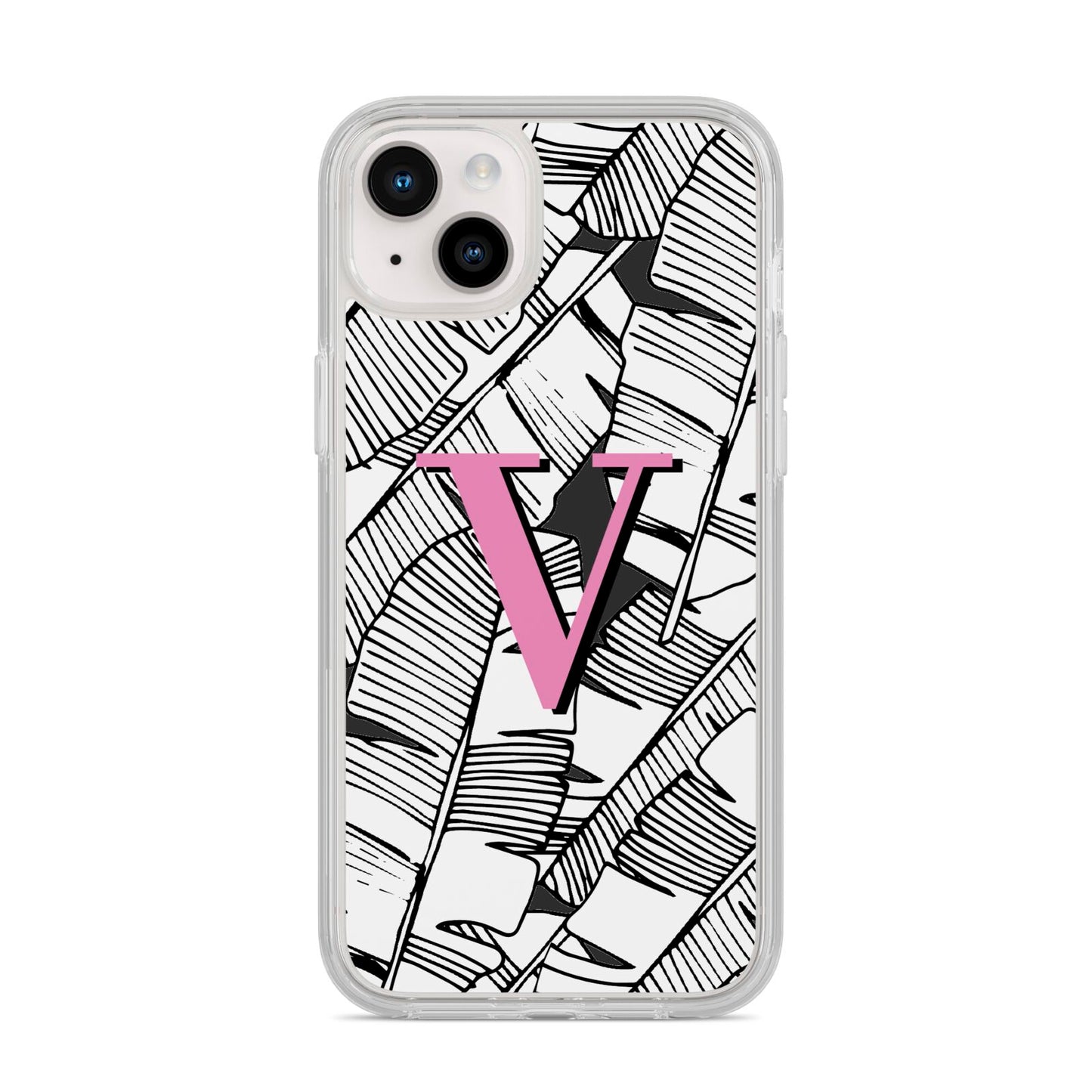 Personalised Monochrome Monstera Pink Initial iPhone 14 Plus Clear Tough Case Starlight