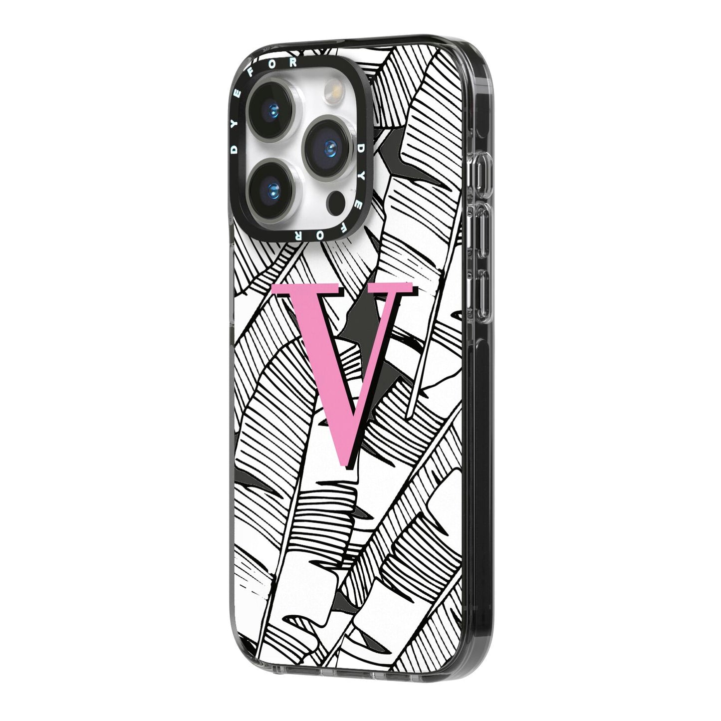 Personalised Monochrome Monstera Pink Initial iPhone 14 Pro Black Impact Case Side Angle on Silver phone