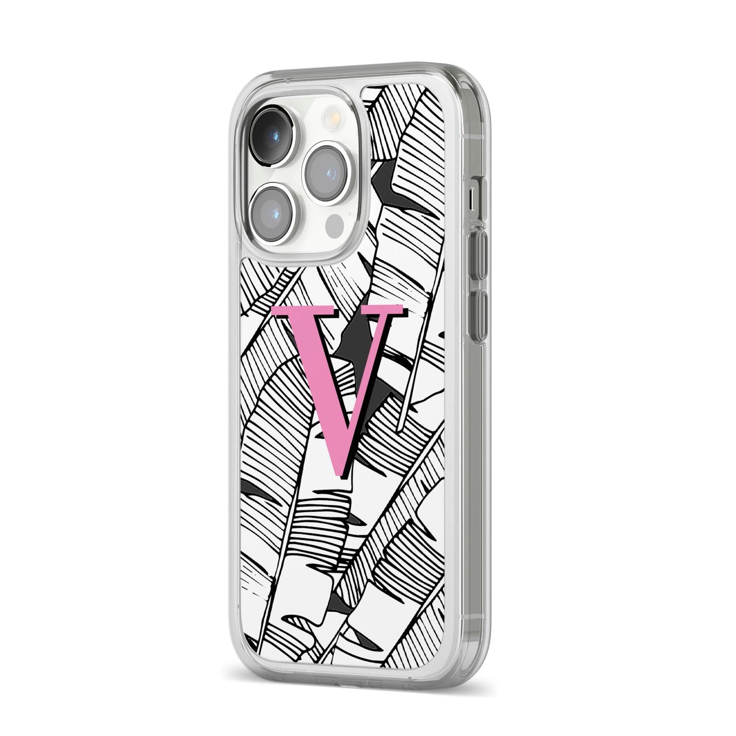 Personalised Monochrome Monstera Pink Initial iPhone 14 Pro Clear Tough Case Silver Angled Image