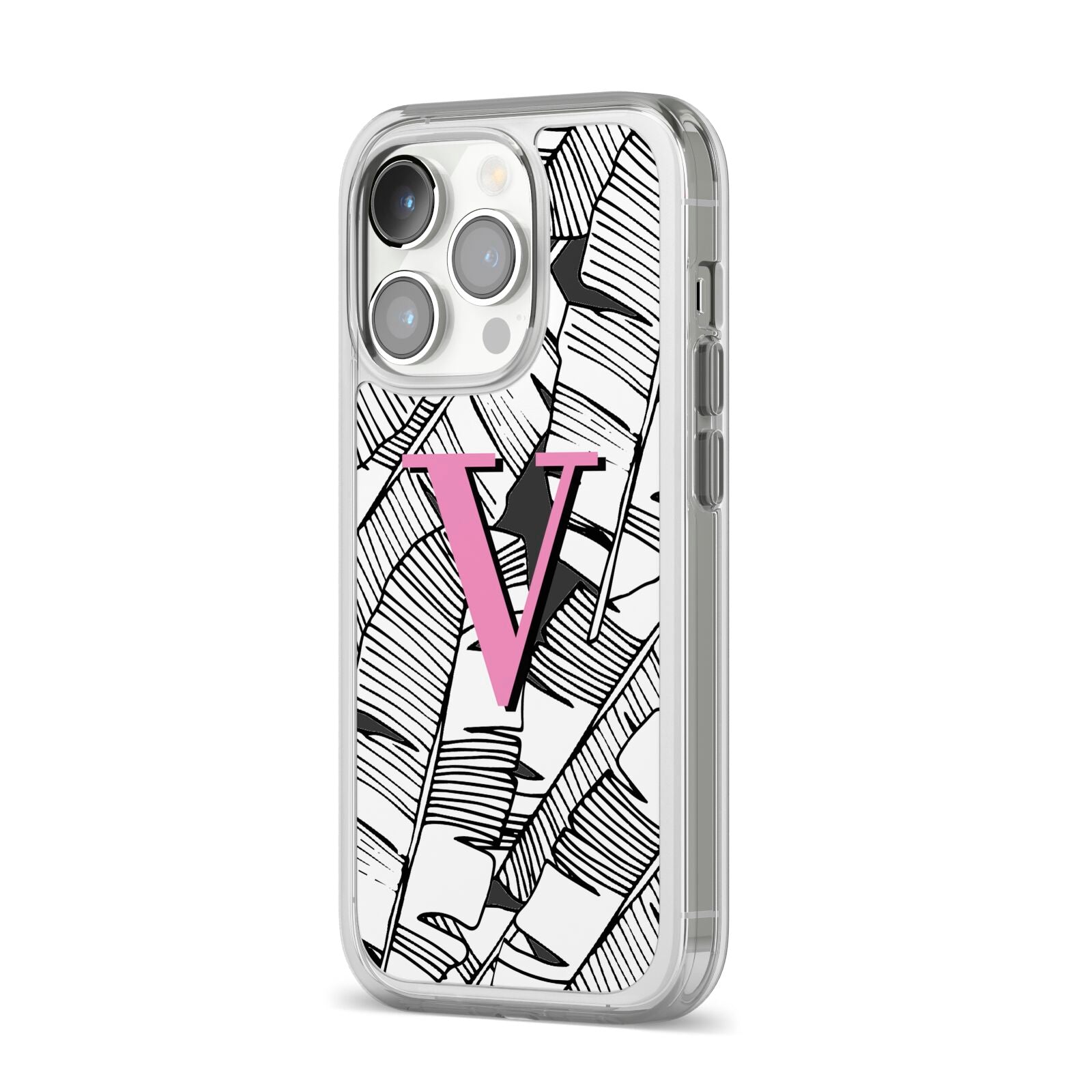 Personalised Monochrome Monstera Pink Initial iPhone 14 Pro Clear Tough Case Silver Angled Image