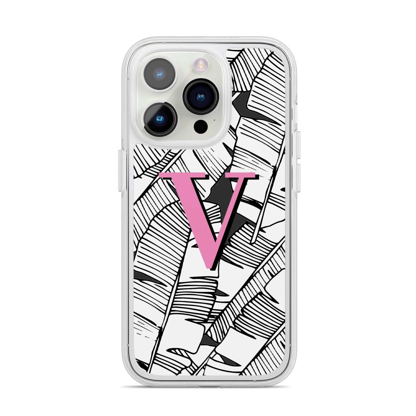 Personalised Monochrome Monstera Pink Initial iPhone 14 Pro Clear Tough Case Silver