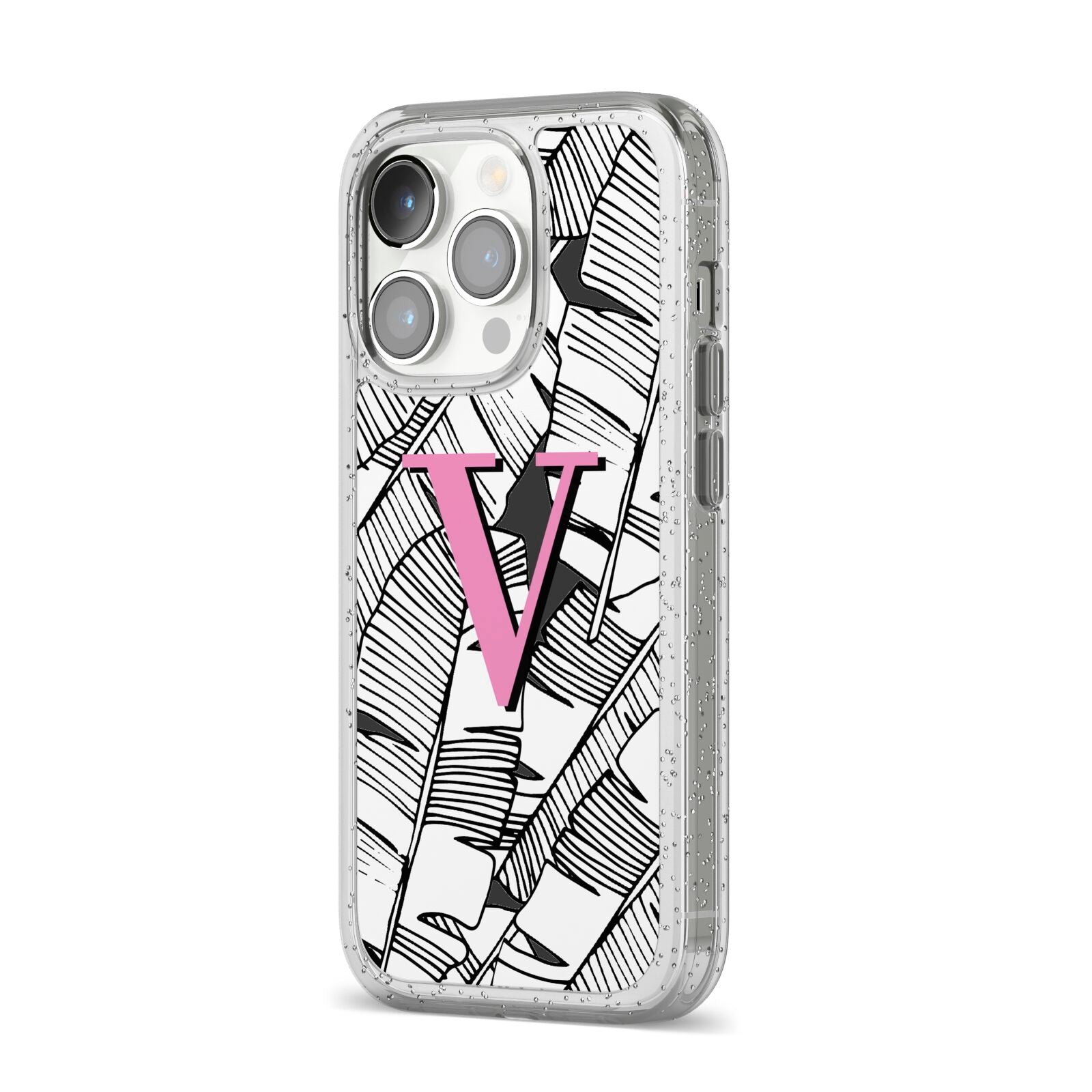 Personalised Monochrome Monstera Pink Initial iPhone 14 Pro Glitter Tough Case Silver Angled Image