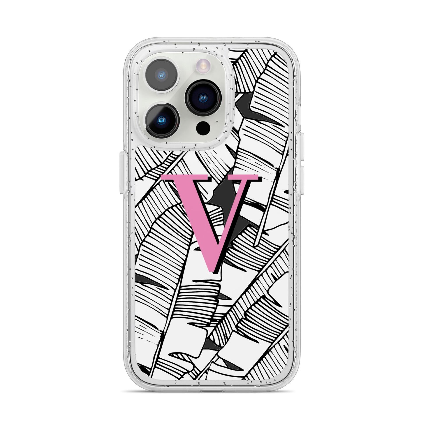 Personalised Monochrome Monstera Pink Initial iPhone 14 Pro Glitter Tough Case Silver