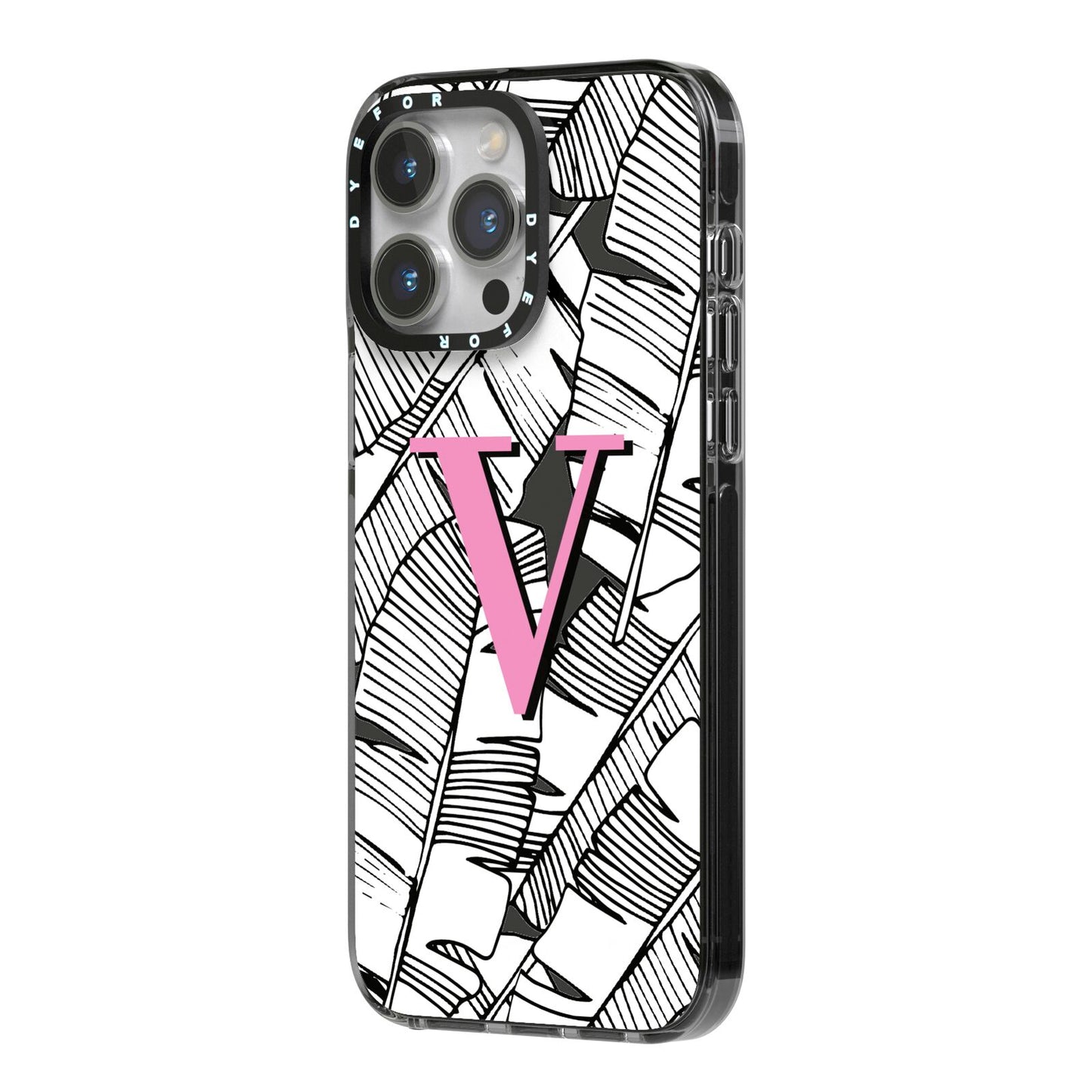 Personalised Monochrome Monstera Pink Initial iPhone 14 Pro Max Black Impact Case Side Angle on Silver phone