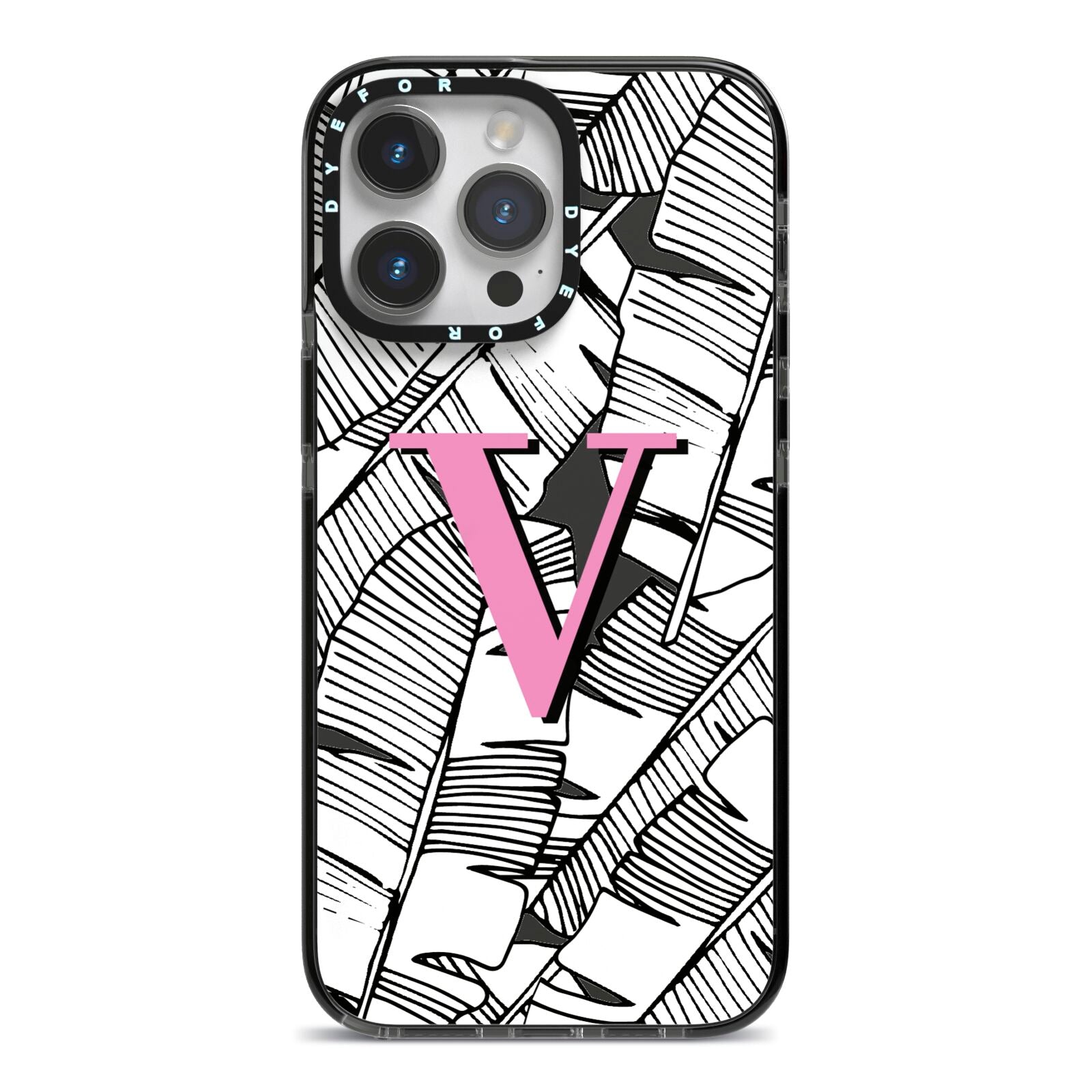 Personalised Monochrome Monstera Pink Initial iPhone 14 Pro Max Black Impact Case on Silver phone