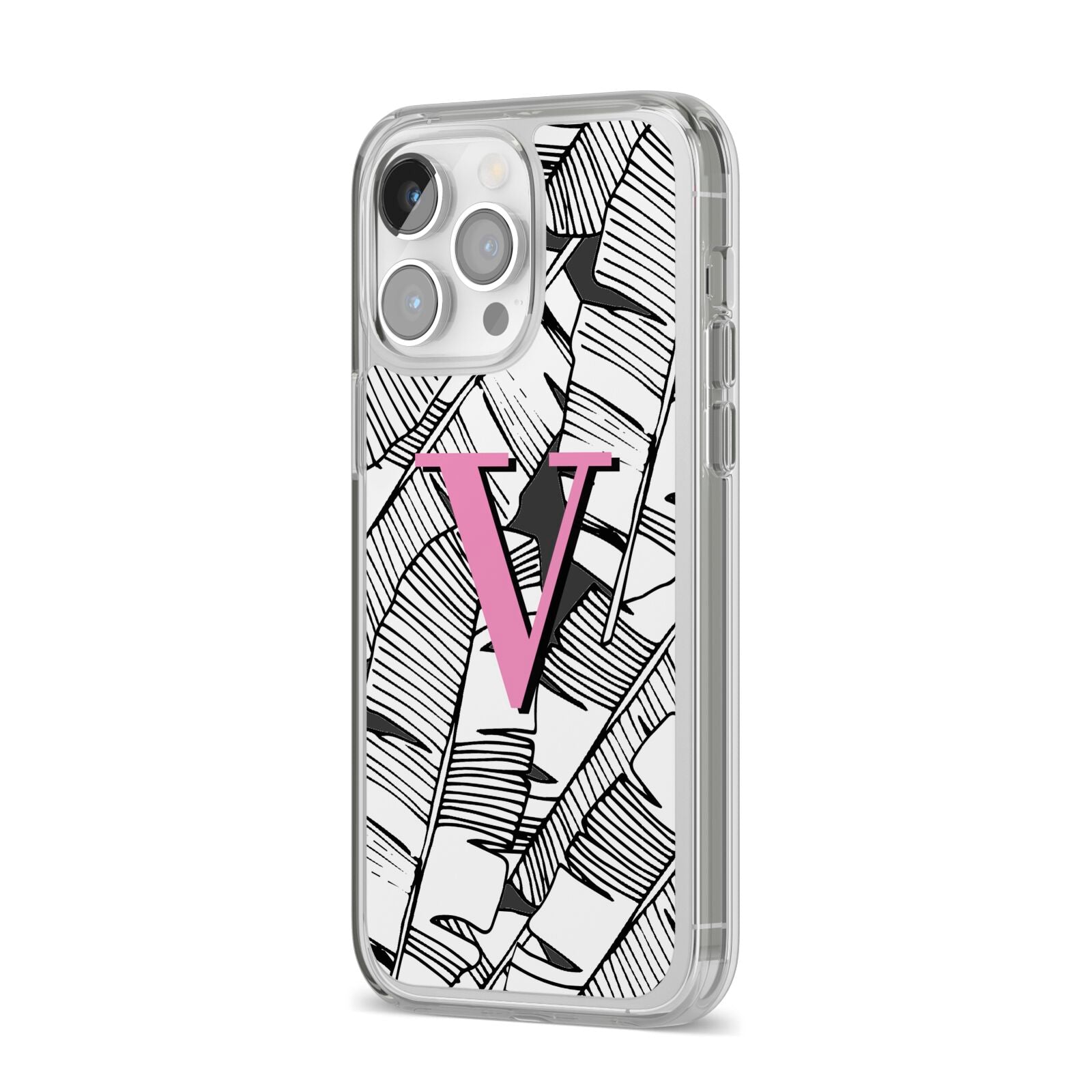 Personalised Monochrome Monstera Pink Initial iPhone 14 Pro Max Clear Tough Case Silver Angled Image