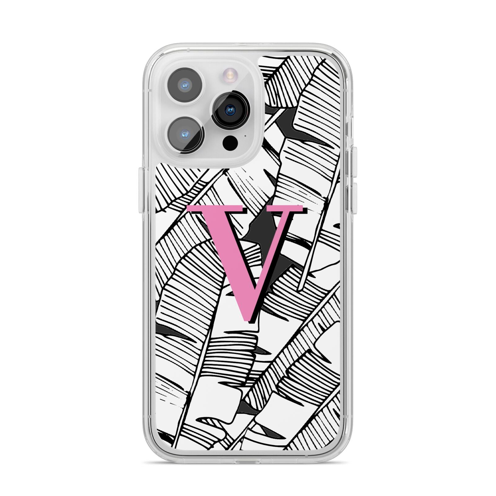 Personalised Monochrome Monstera Pink Initial iPhone 14 Pro Max Clear Tough Case Silver