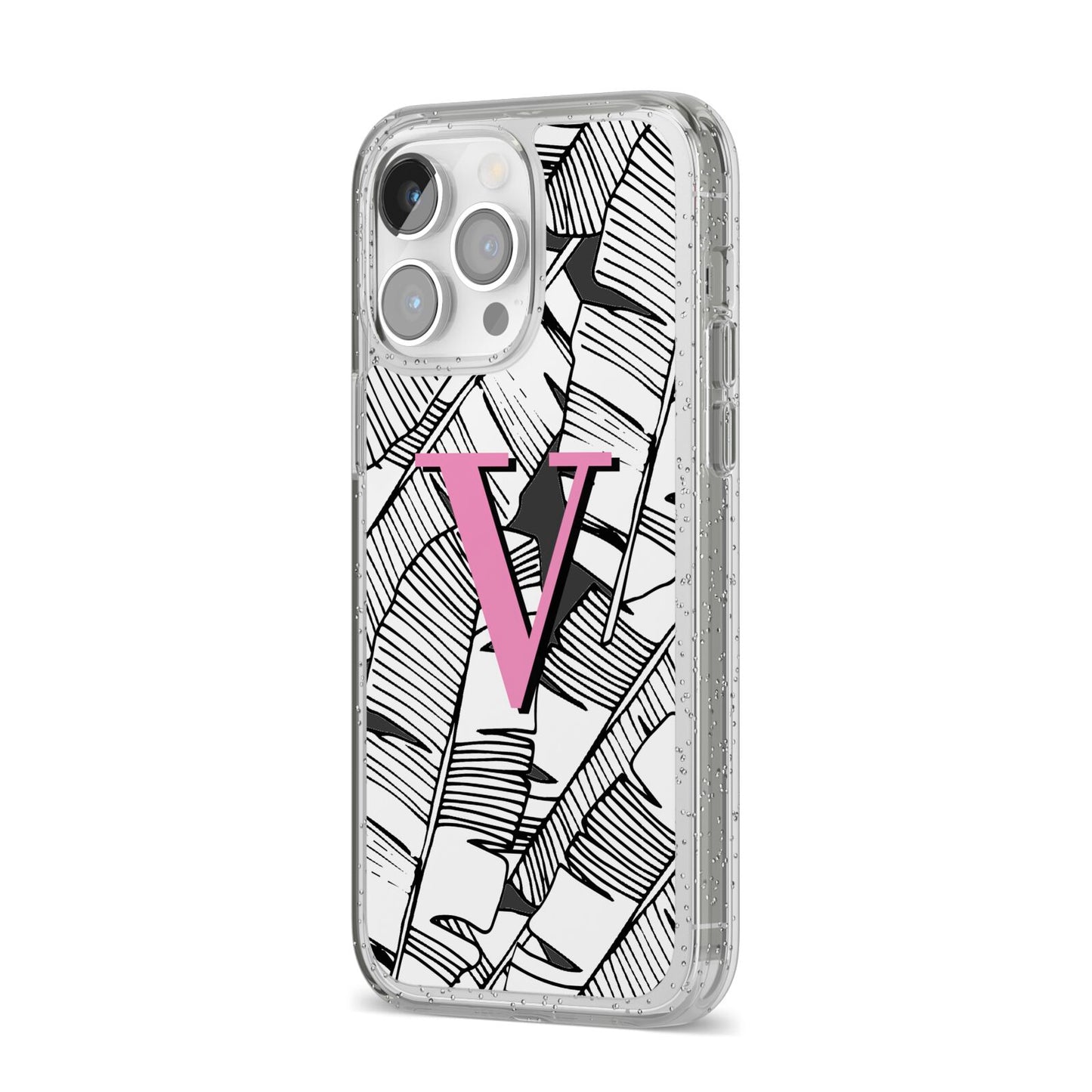 Personalised Monochrome Monstera Pink Initial iPhone 14 Pro Max Glitter Tough Case Silver Angled Image