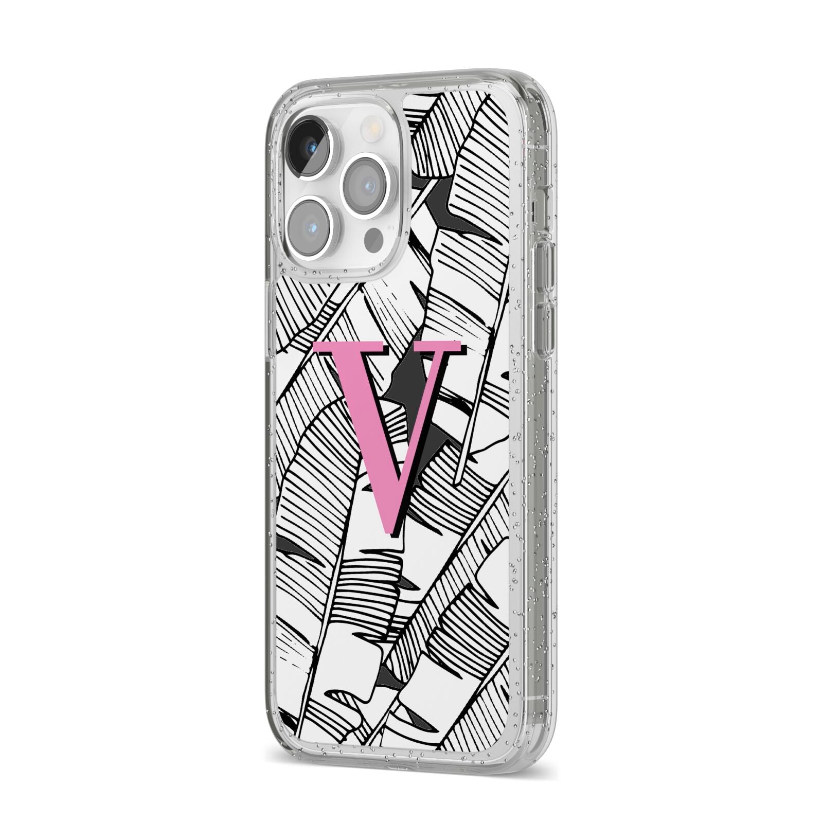 Personalised Monochrome Monstera Pink Initial iPhone 14 Pro Max Glitter Tough Case Silver Angled Image