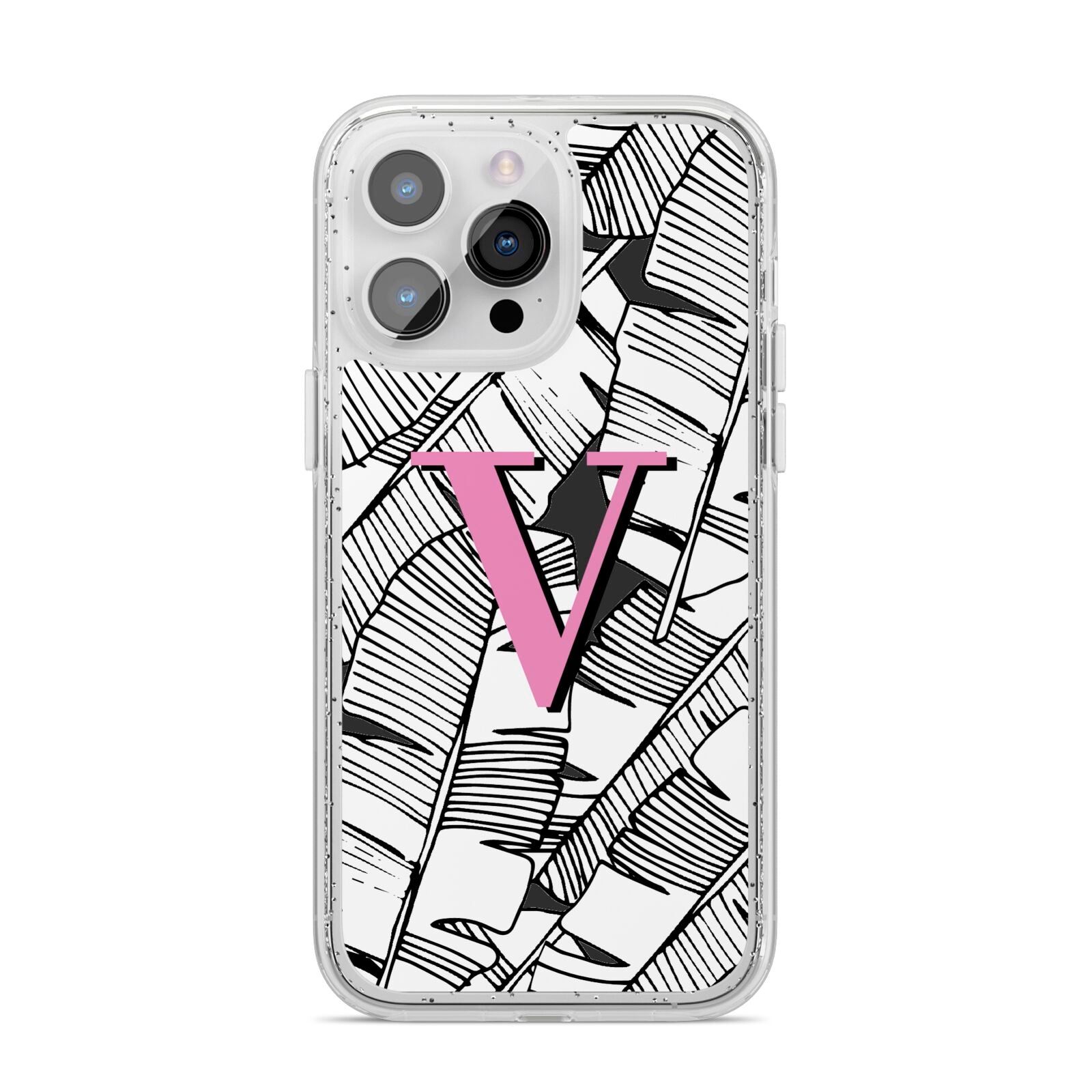 Personalised Monochrome Monstera Pink Initial iPhone 14 Pro Max Glitter Tough Case Silver