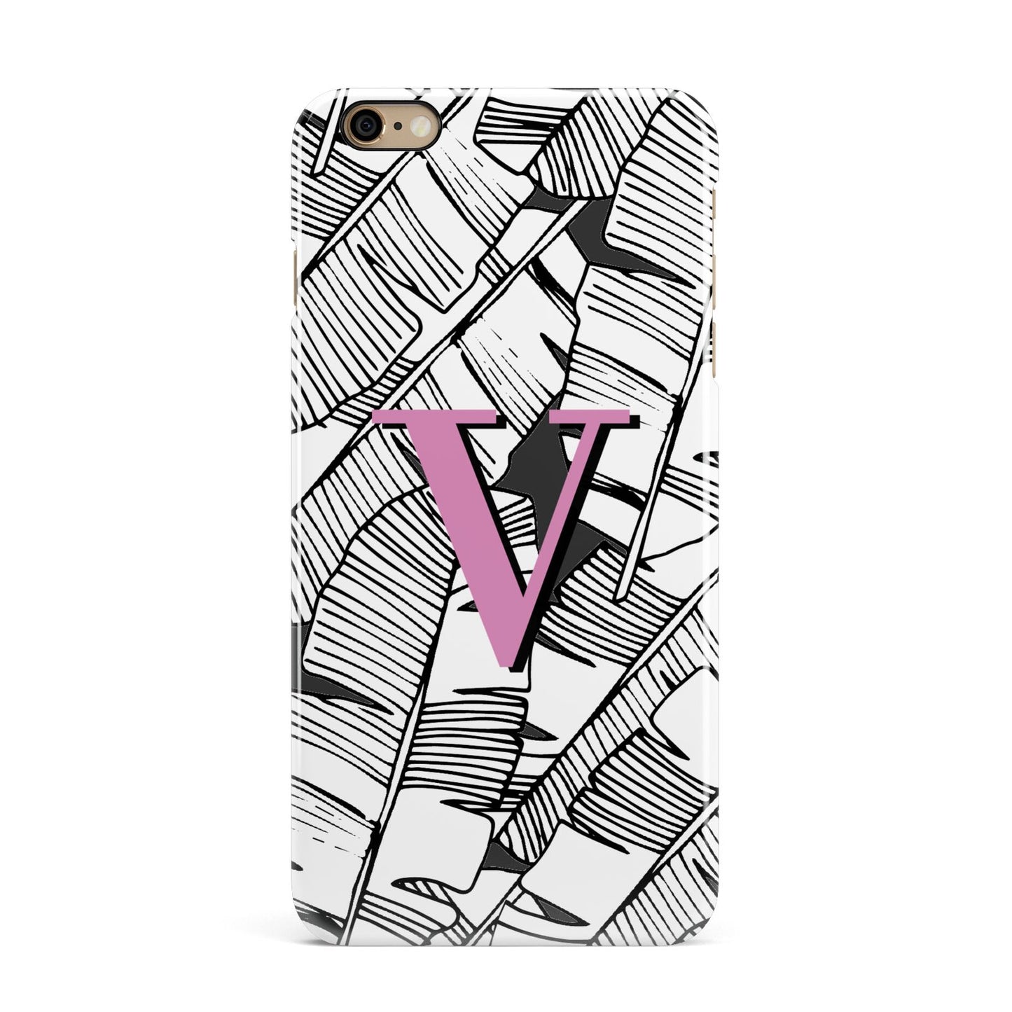 Personalised Monochrome Monstera Pink Initial iPhone 6 Plus 3D Snap Case on Gold Phone