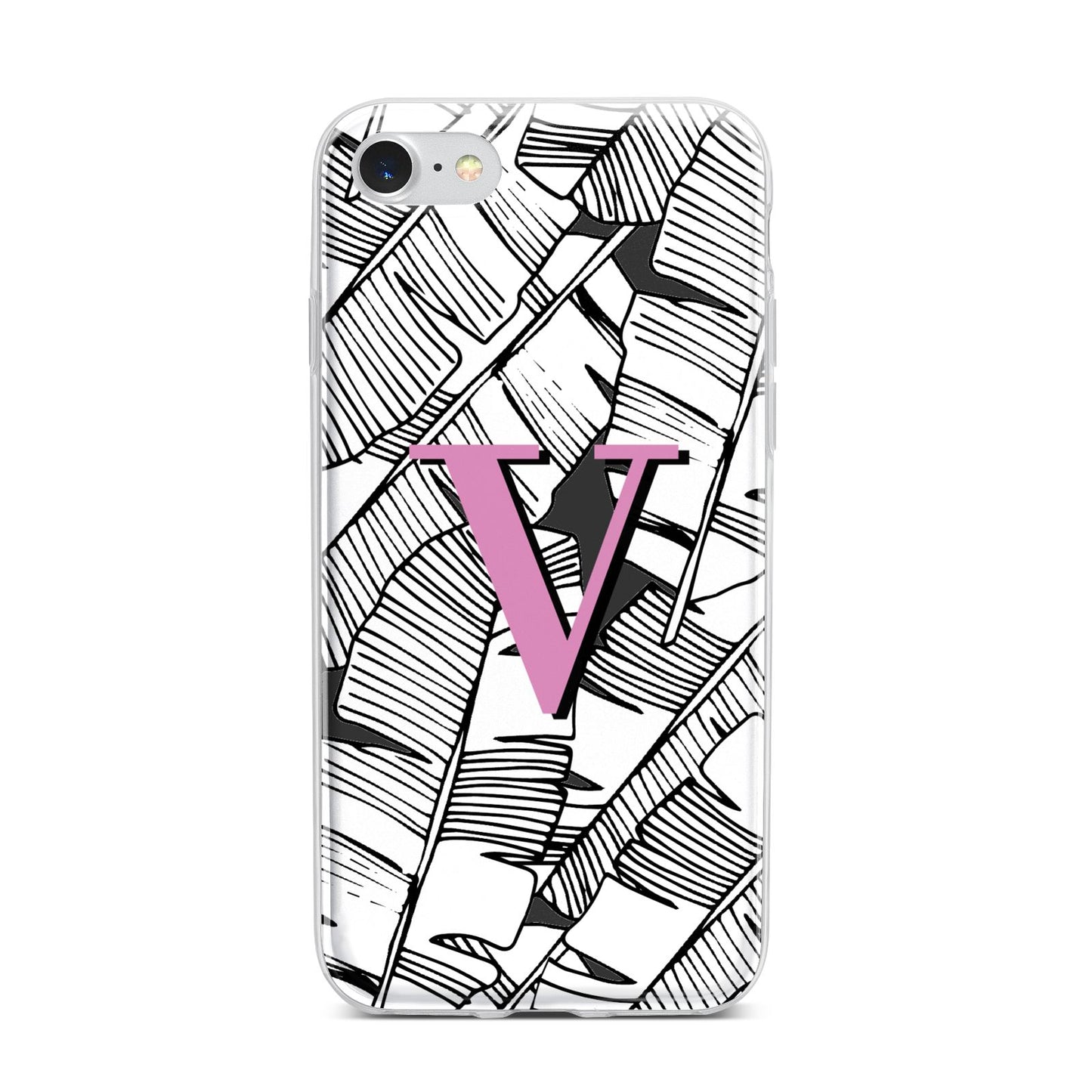 Personalised Monochrome Monstera Pink Initial iPhone 7 Bumper Case on Silver iPhone