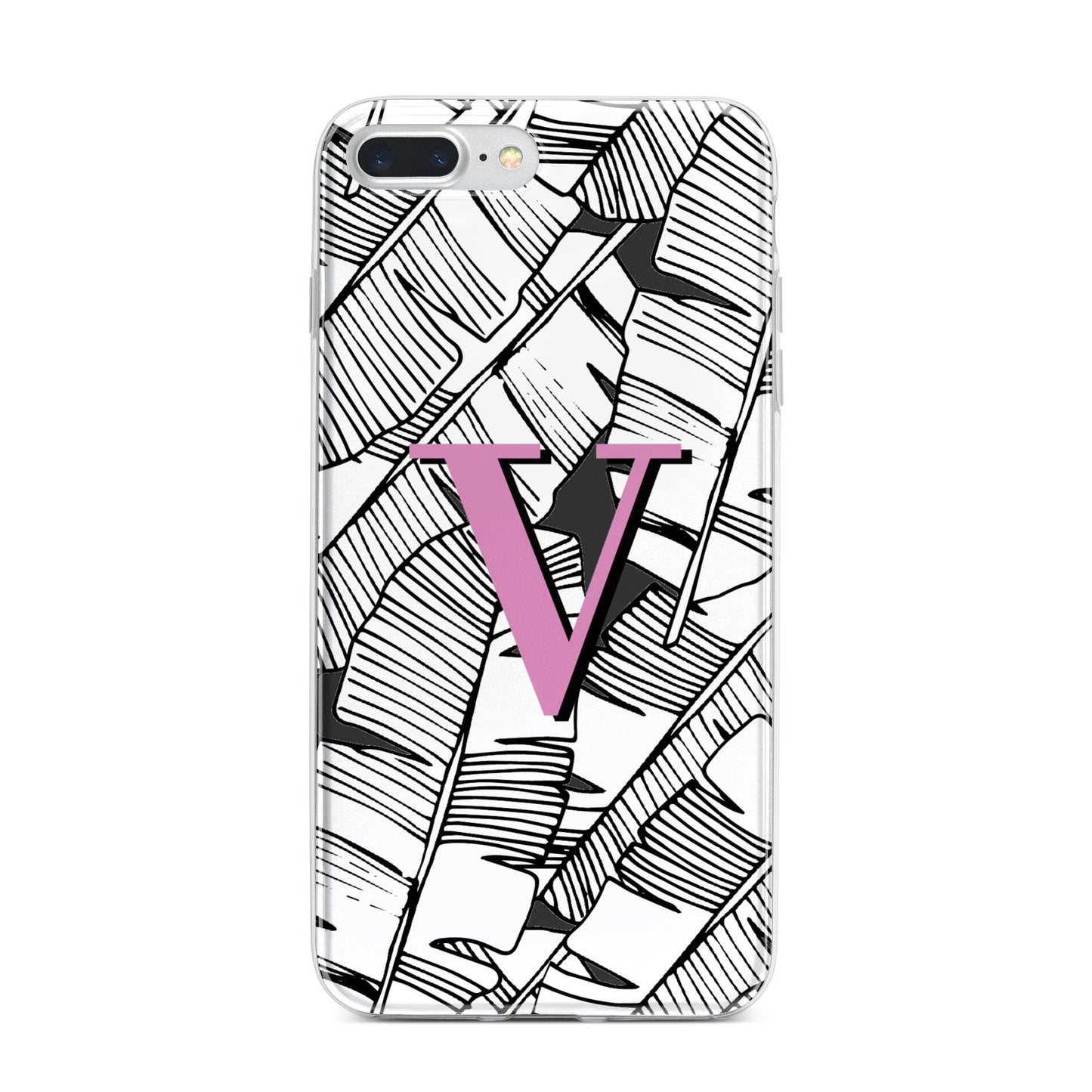 Personalised Monochrome Monstera Pink Initial iPhone 7 Plus Bumper Case on Silver iPhone