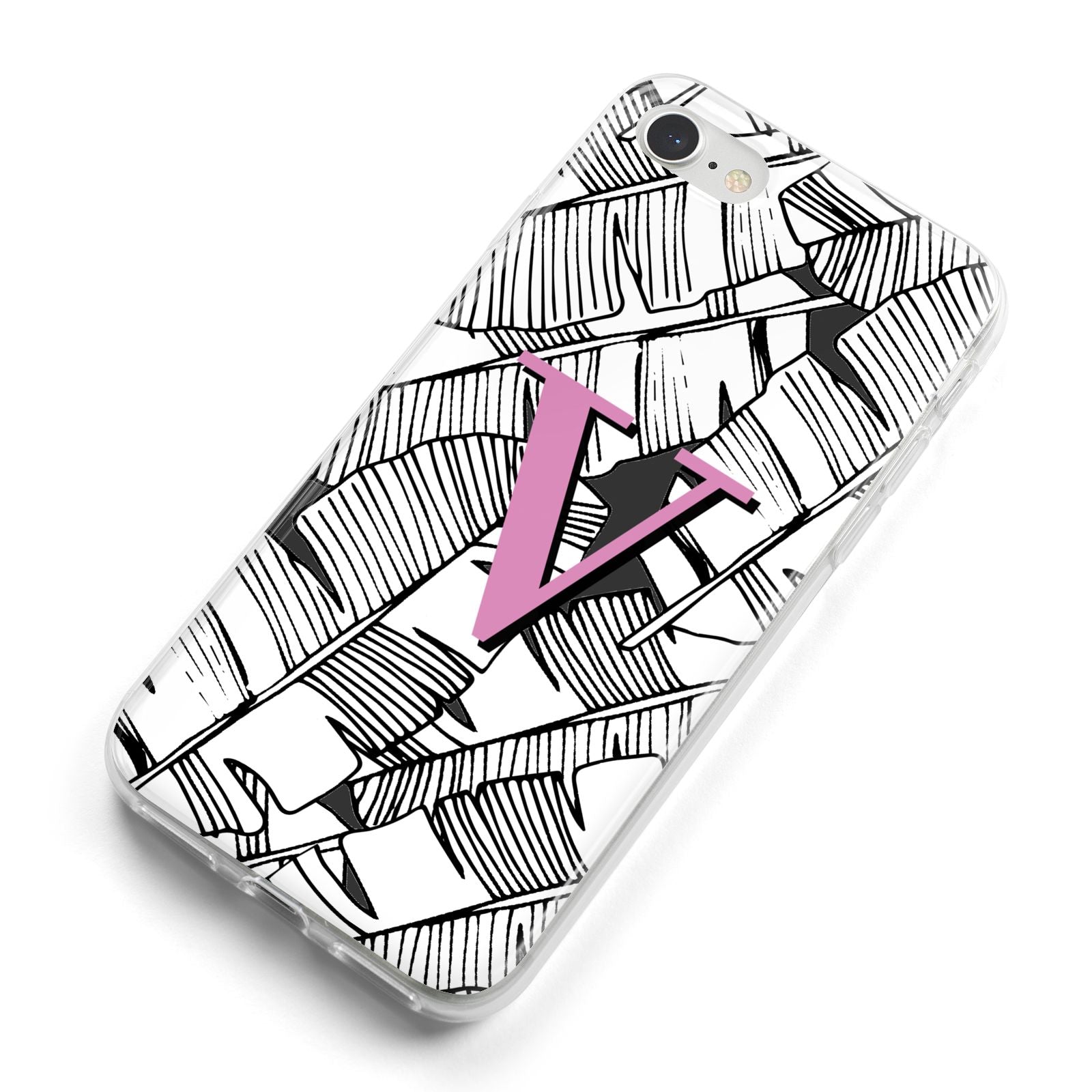 Personalised Monochrome Monstera Pink Initial iPhone 8 Bumper Case on Silver iPhone Alternative Image