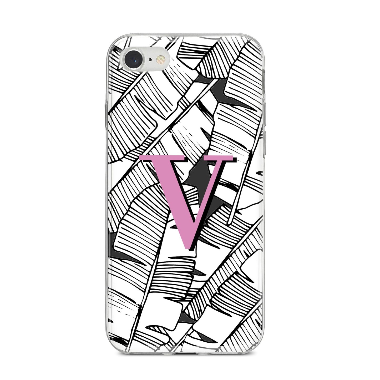 Personalised Monochrome Monstera Pink Initial iPhone 8 Bumper Case on Silver iPhone