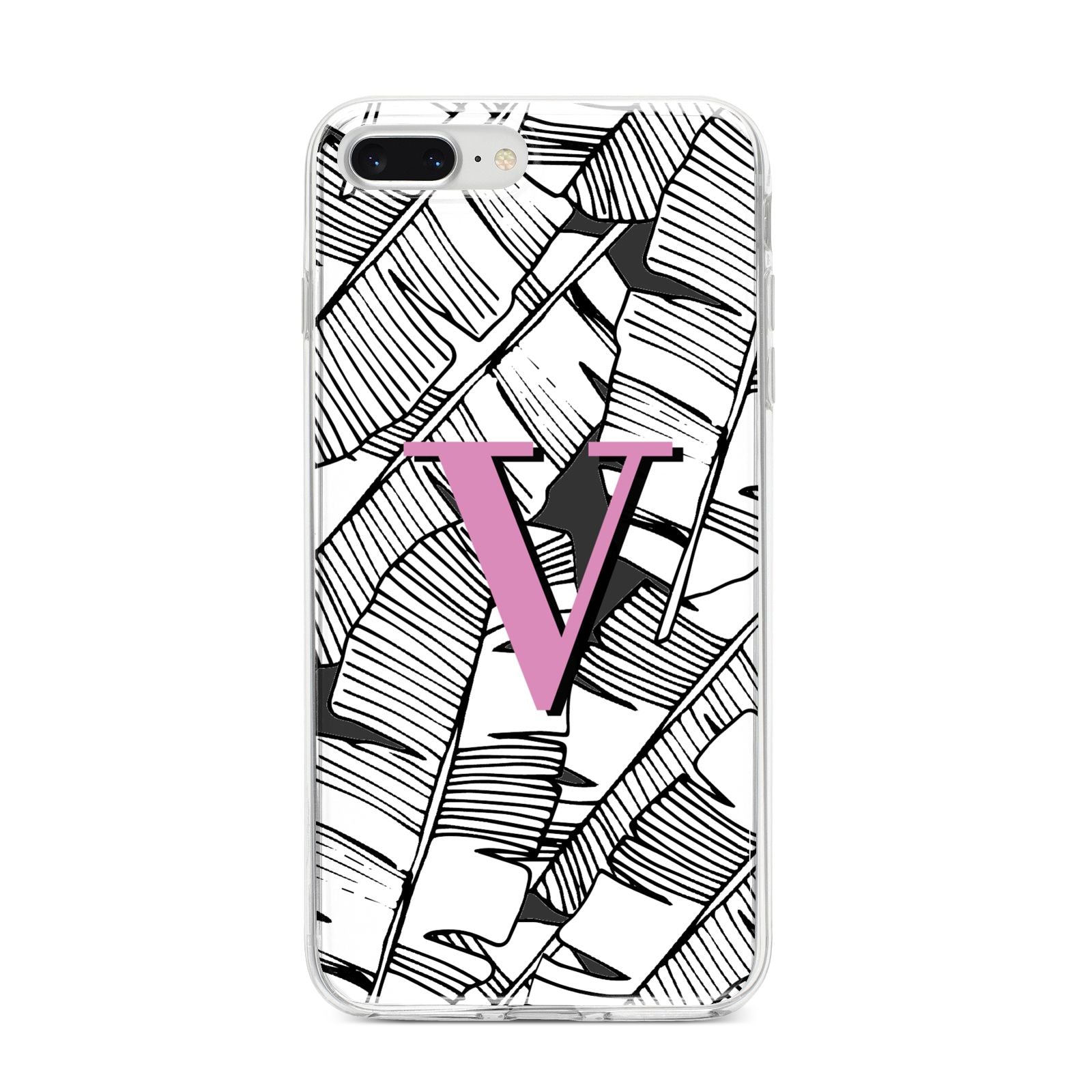 Personalised Monochrome Monstera Pink Initial iPhone 8 Plus Bumper Case on Silver iPhone